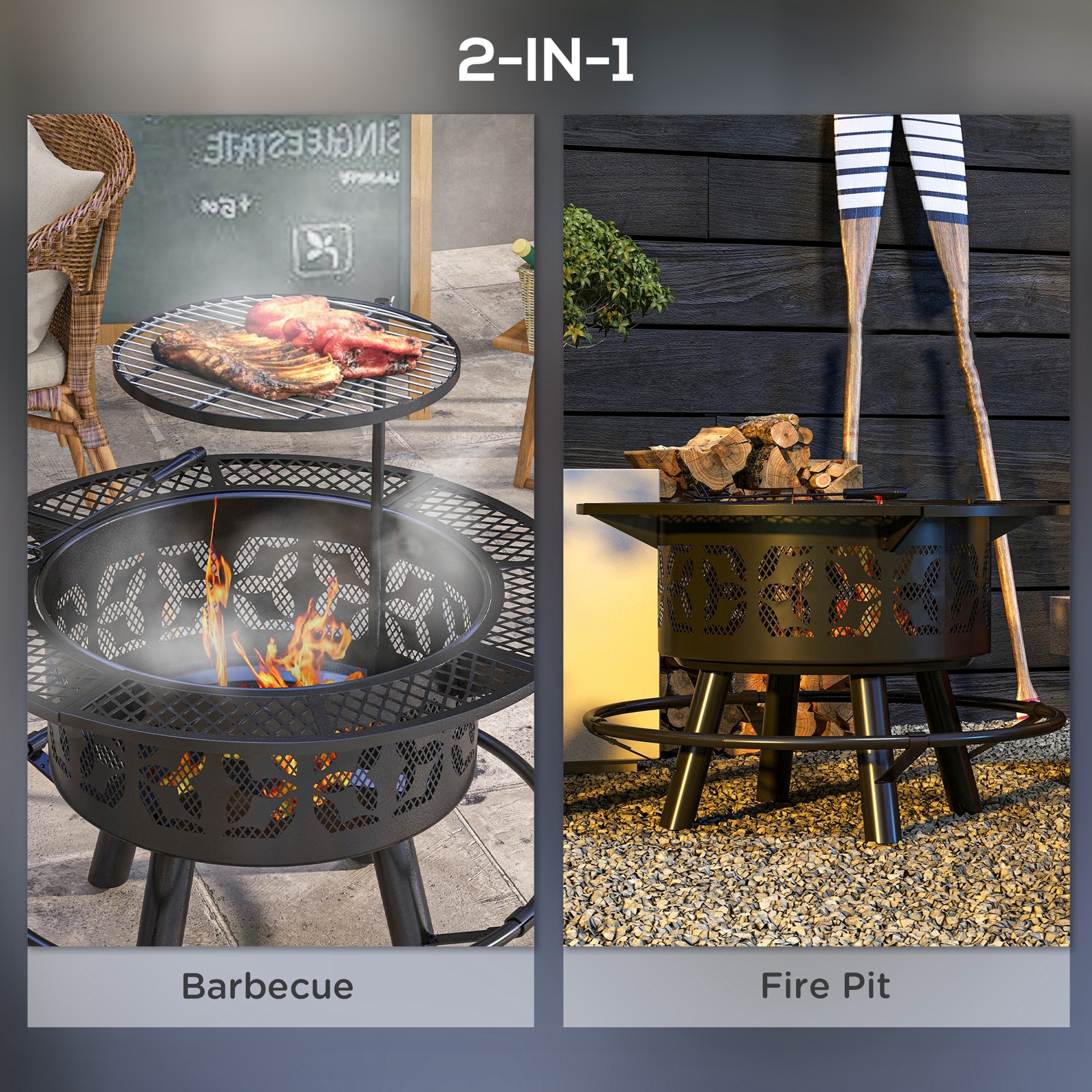 Outsunny Fire Pit BBQ Grill with Poker, Wood Burning Firepit, Black