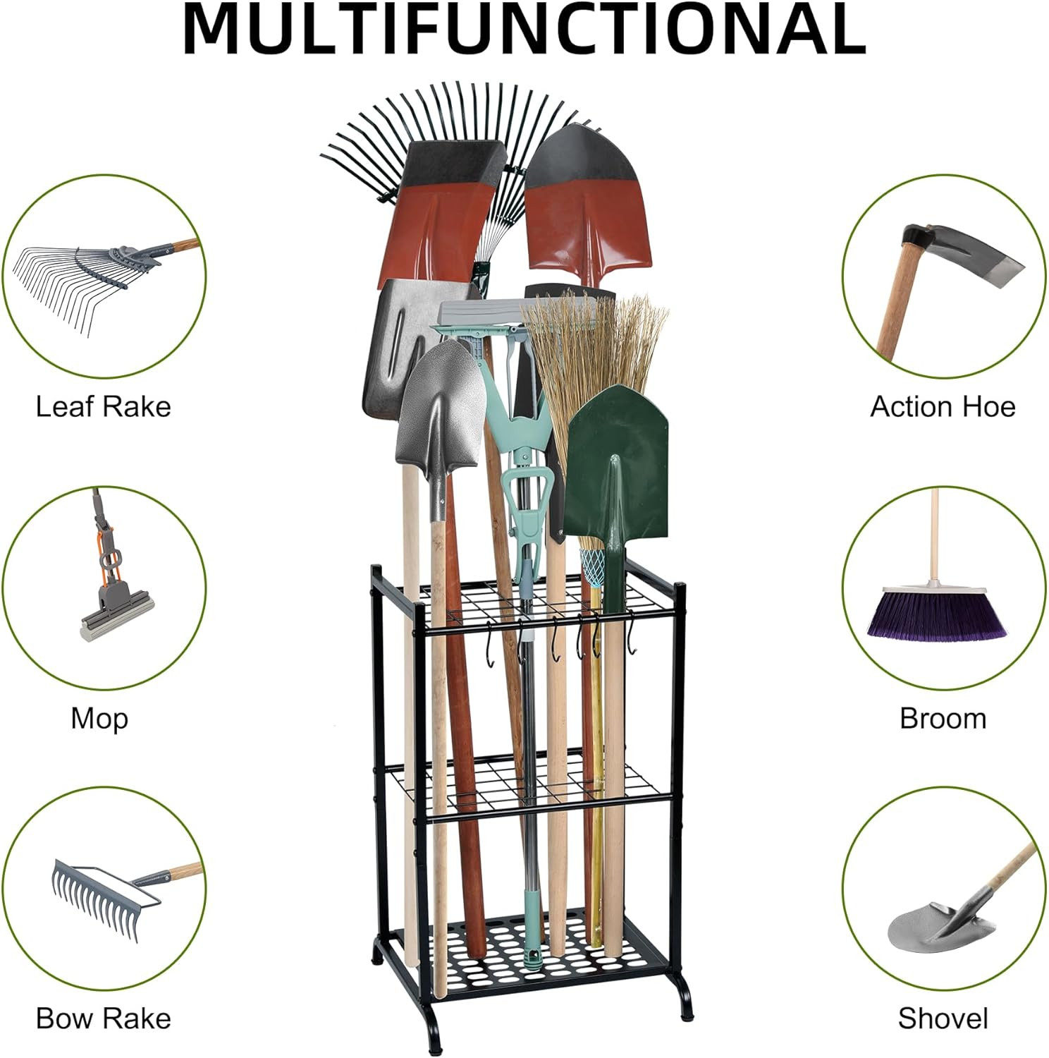 Garden Tool Organizer with Storage Hooks, Yard Tool Tower Rack for Garage Organi