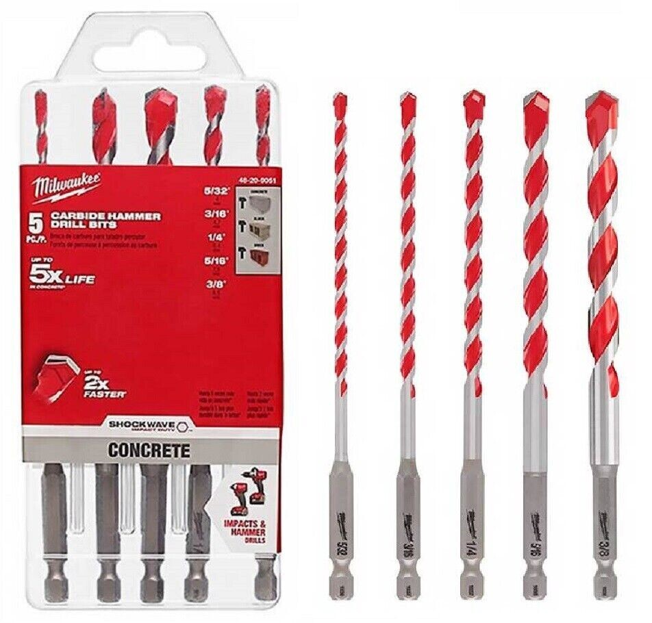 Milwaukee 48-20-9051 SHOCKWAVE 5-Piece Hex Shank Carbide Hammer Concrete Set