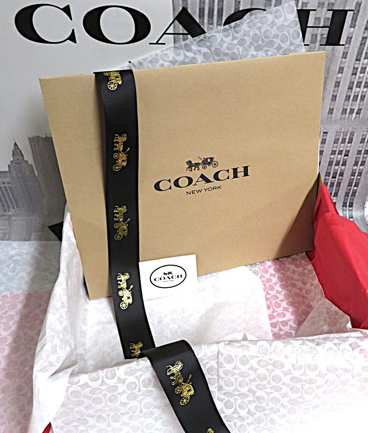 NEW 1 Med Coach Gift Box w/ Tissue~Sticker~3.5' Black Ribbon~10.5 x12.5 x4.5