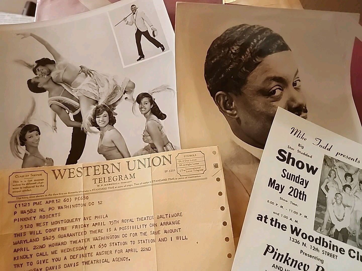 1960 PINKNEY ROBERTS FASHION PLATE EMCEE HANDBILL PRESS PHOTOS TELEGRAM VINTAGE