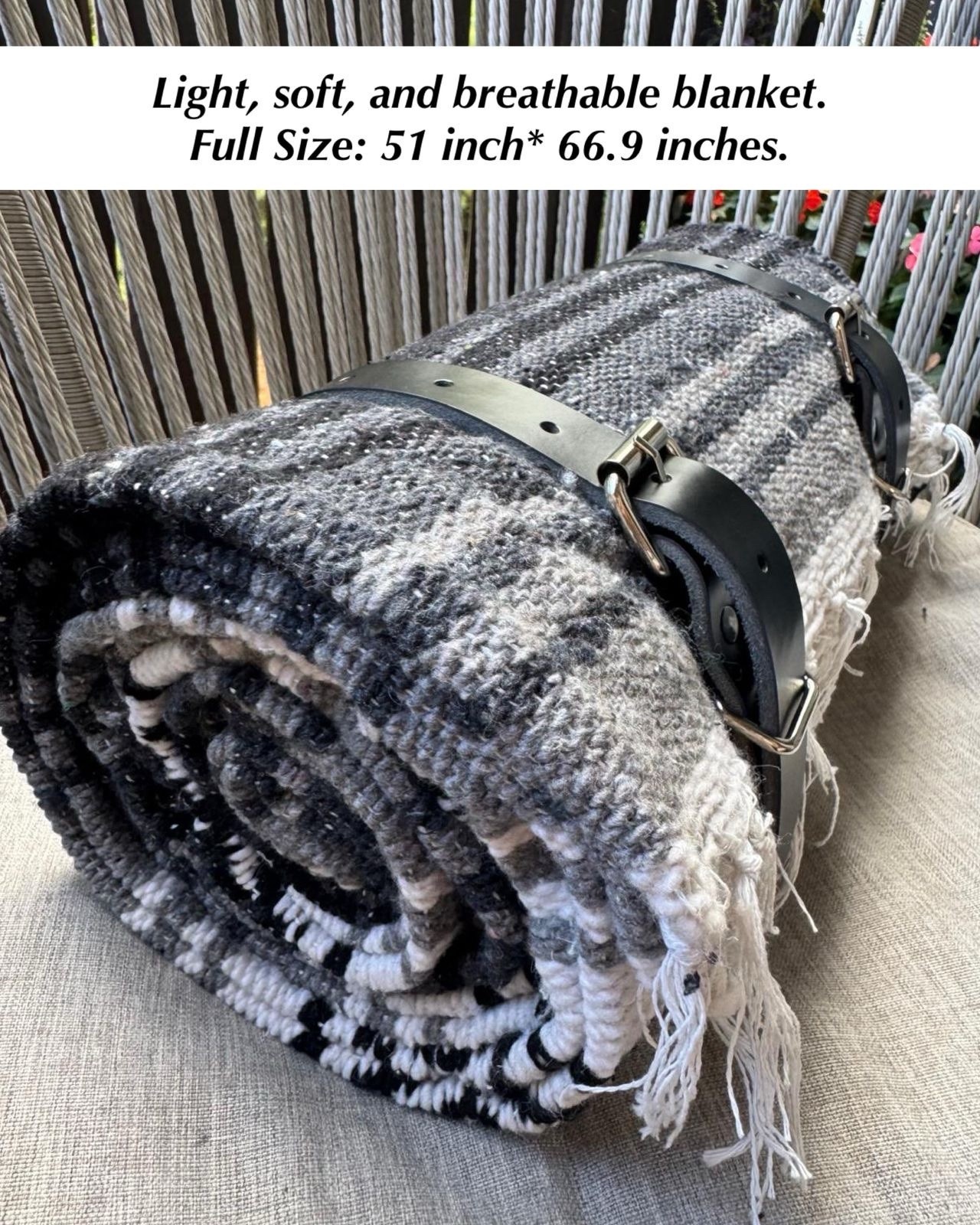 Black Genuine Leather Blanket Roll / Bed Roll Strap With A Blanket (Grey)