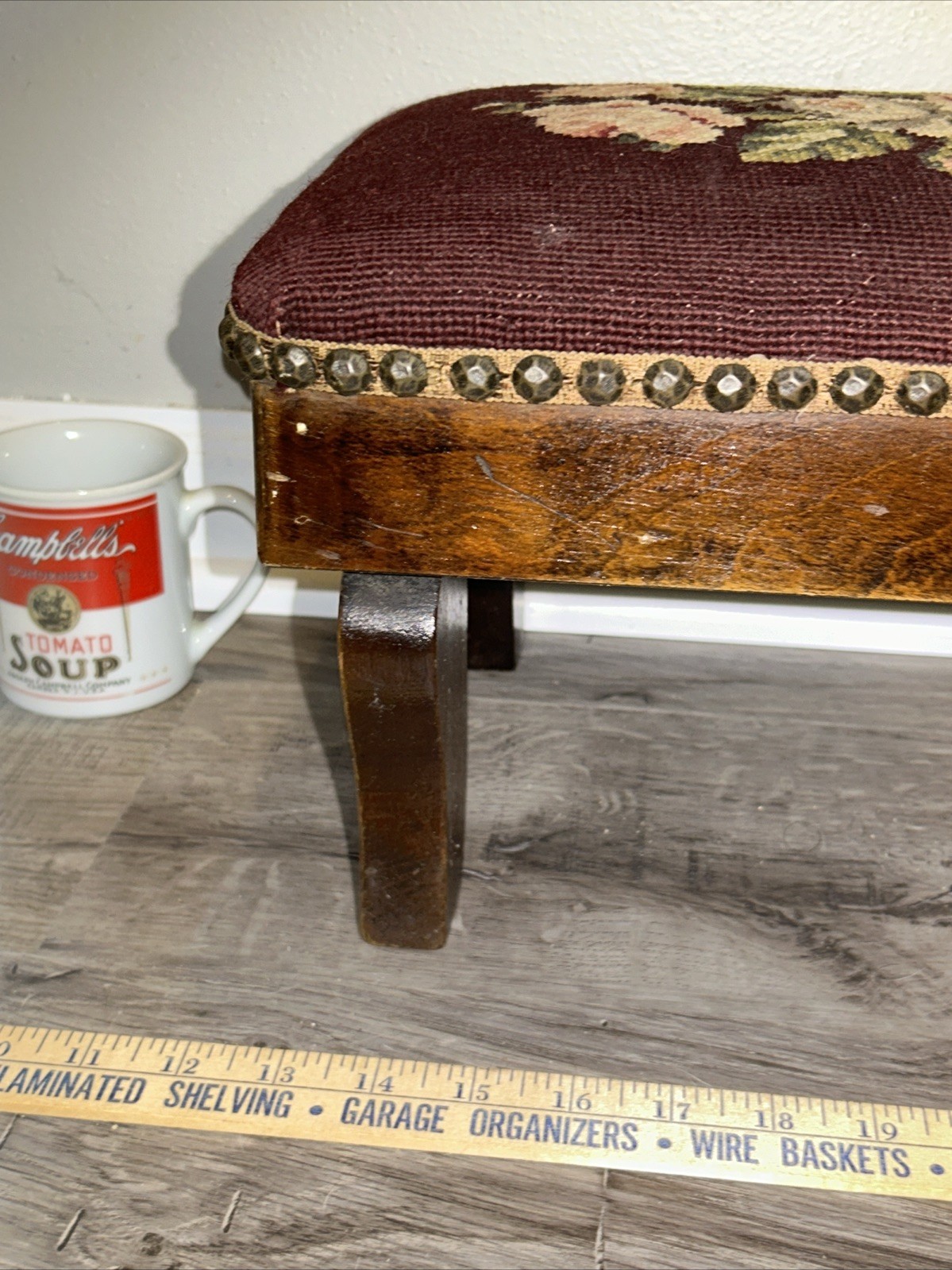 19thC Antique Victorian Stud Accents Footstool Floral Needlepoint Carved Walnut*