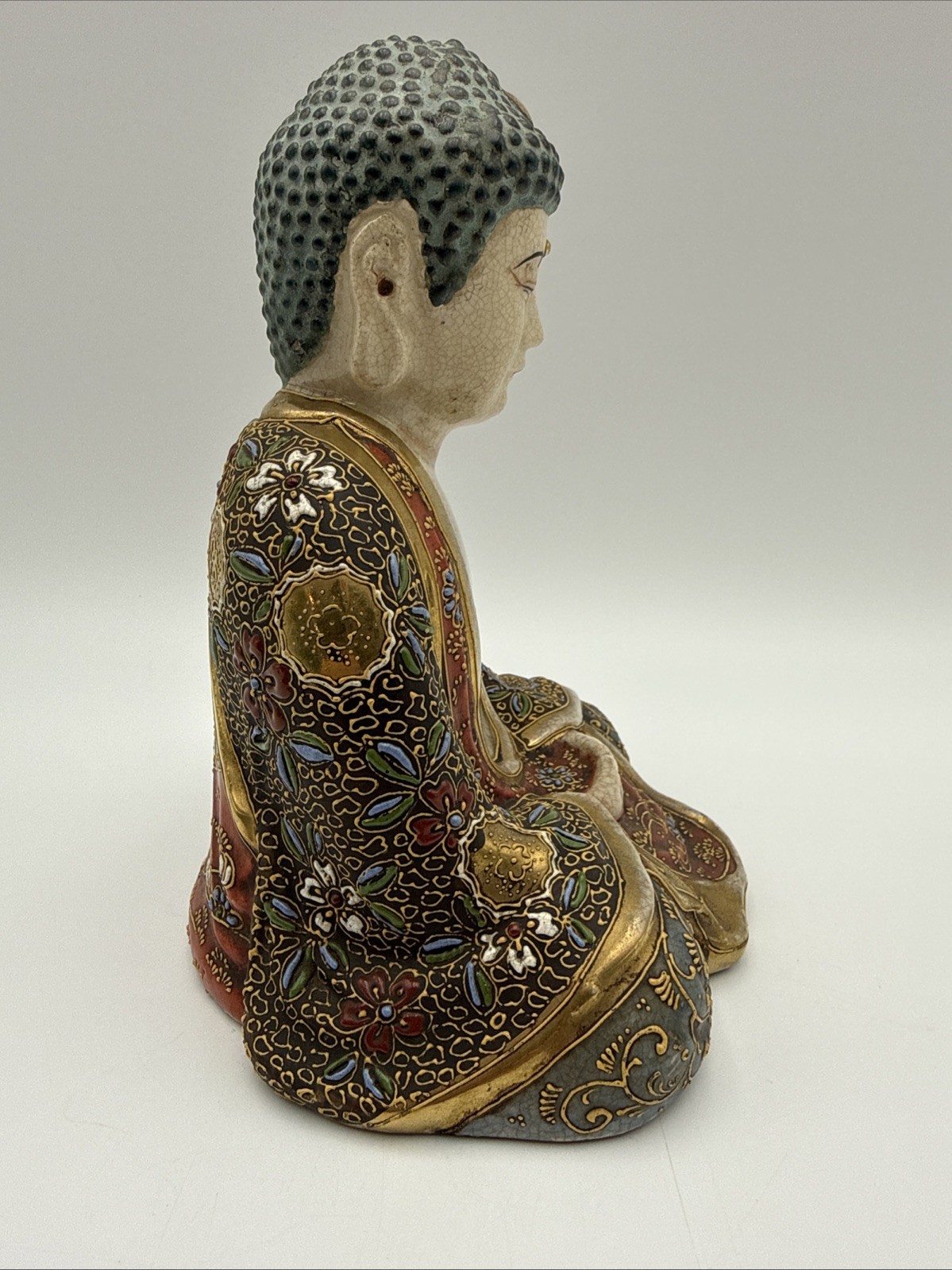 Vintage Japanese Satsuma Moriage Ceramic Buddha Figurine 8” High