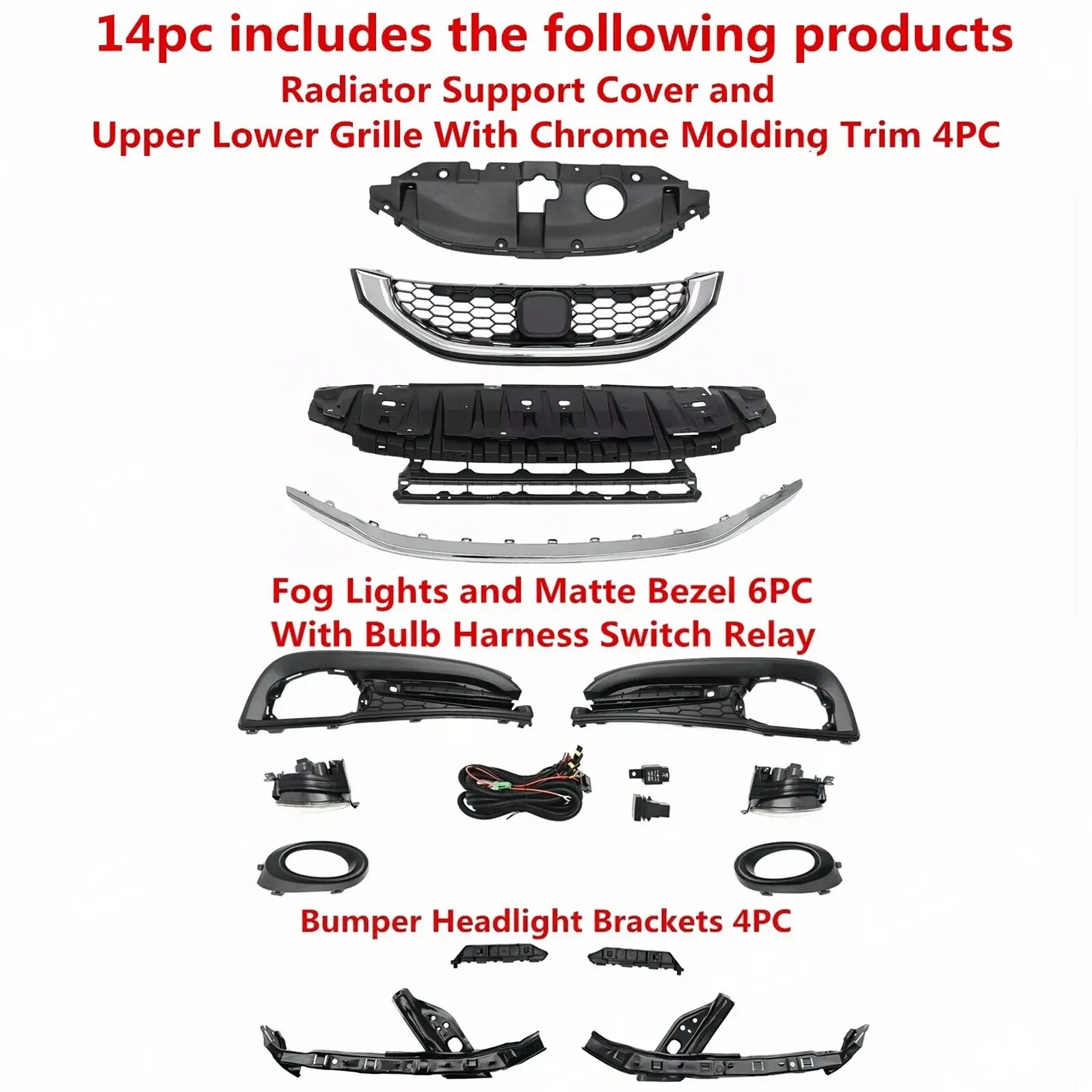 14PC Bumper Grille Fog Lights Bumper Bracket Kit Fit For Honda Civic 2013-2015