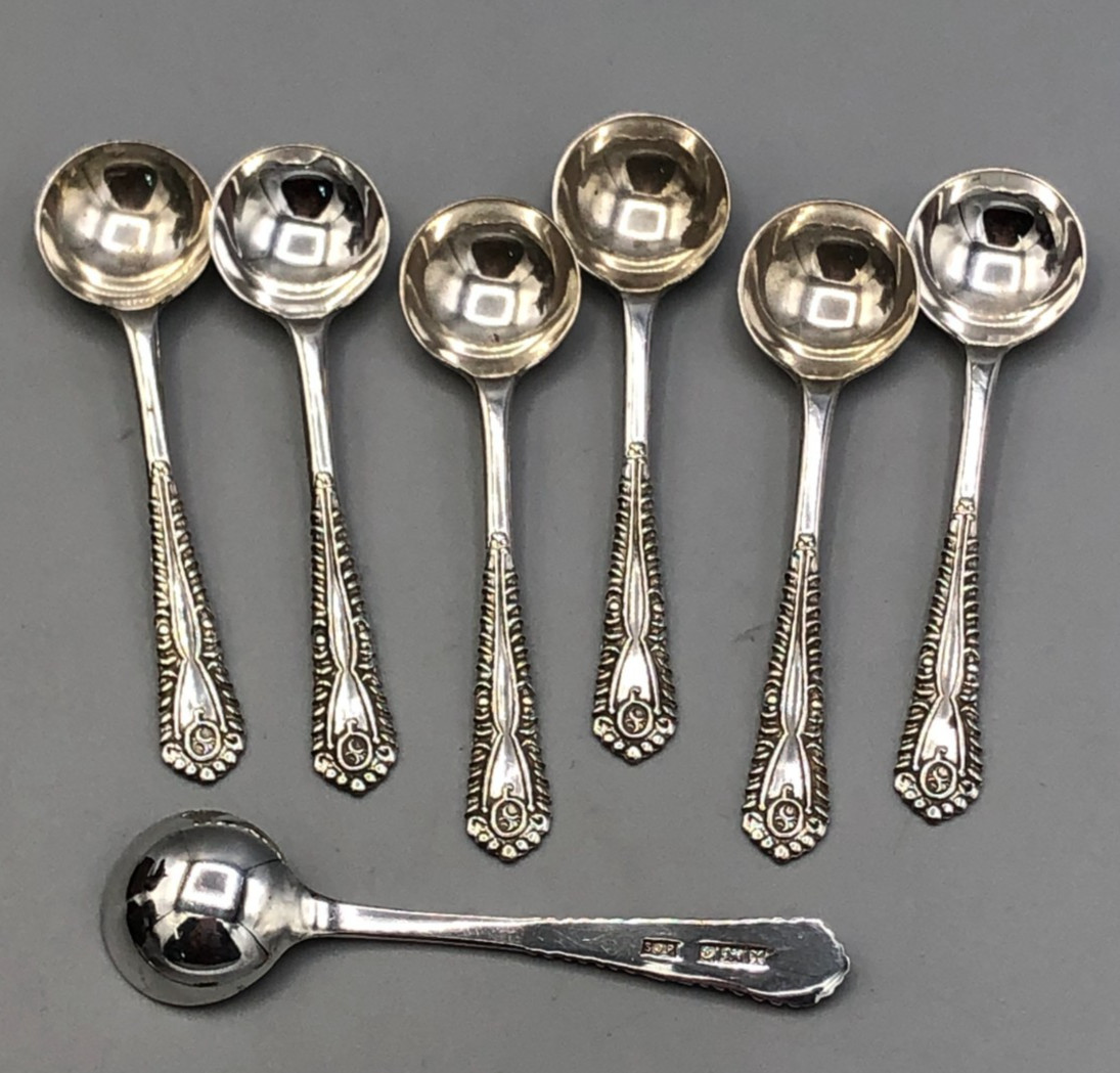 Set of 7 vintage Sterling Silver Salt Spoons 2.25" with English hallmarks