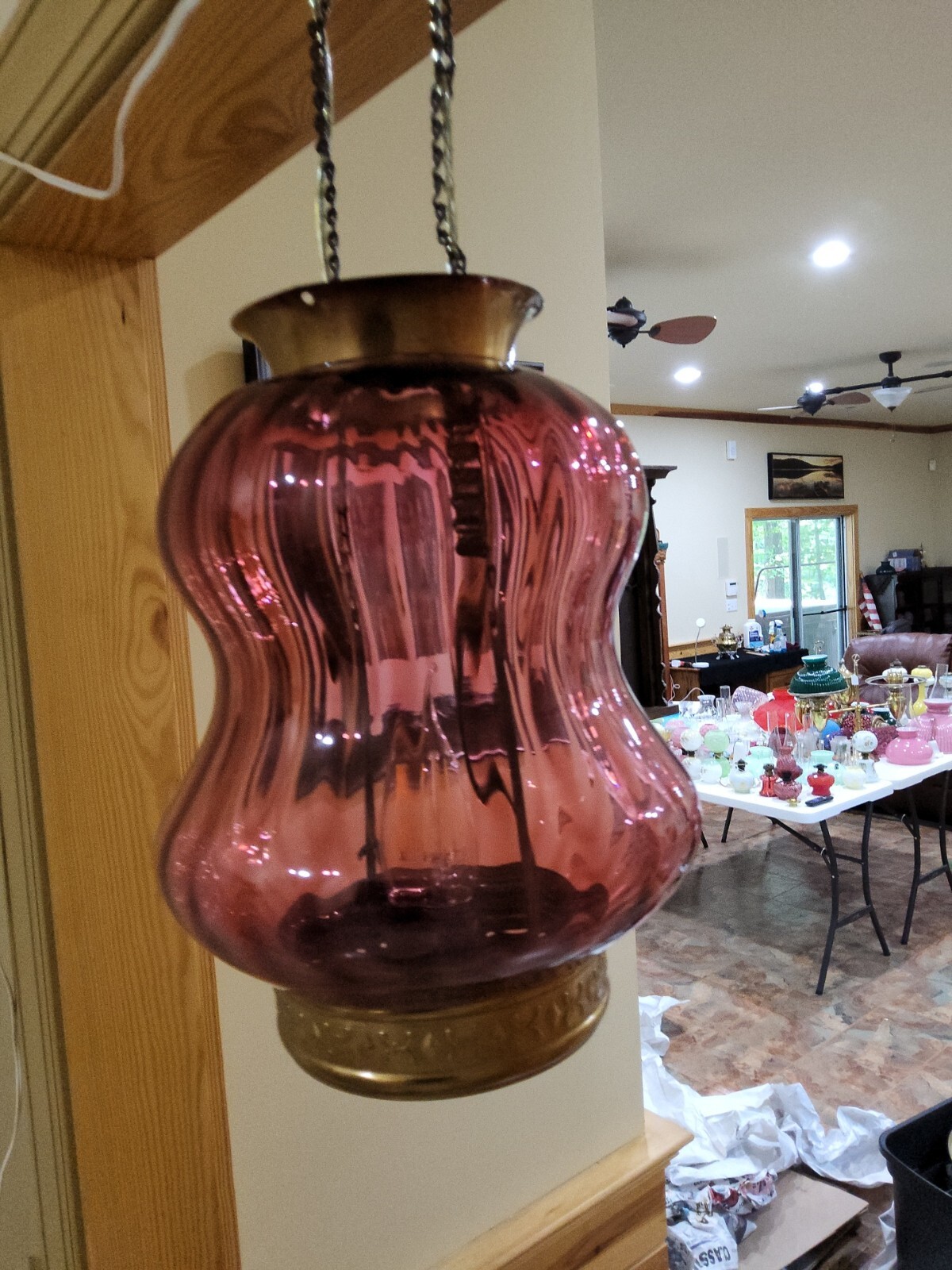 ATQ Victorian Cranberry Opalescent Striped Red Glass Pendant Ceiling Hall Light