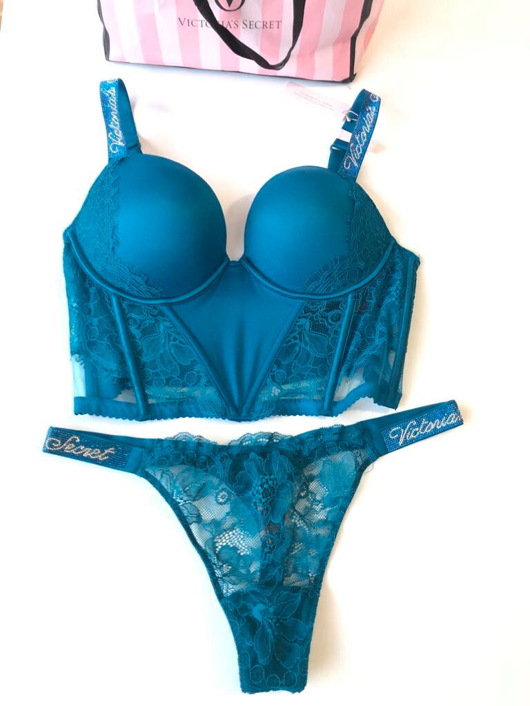 Victorias Secret Shine Strap Logo Rhinestone Push-Up Corset Thong Set Aqua Blue
