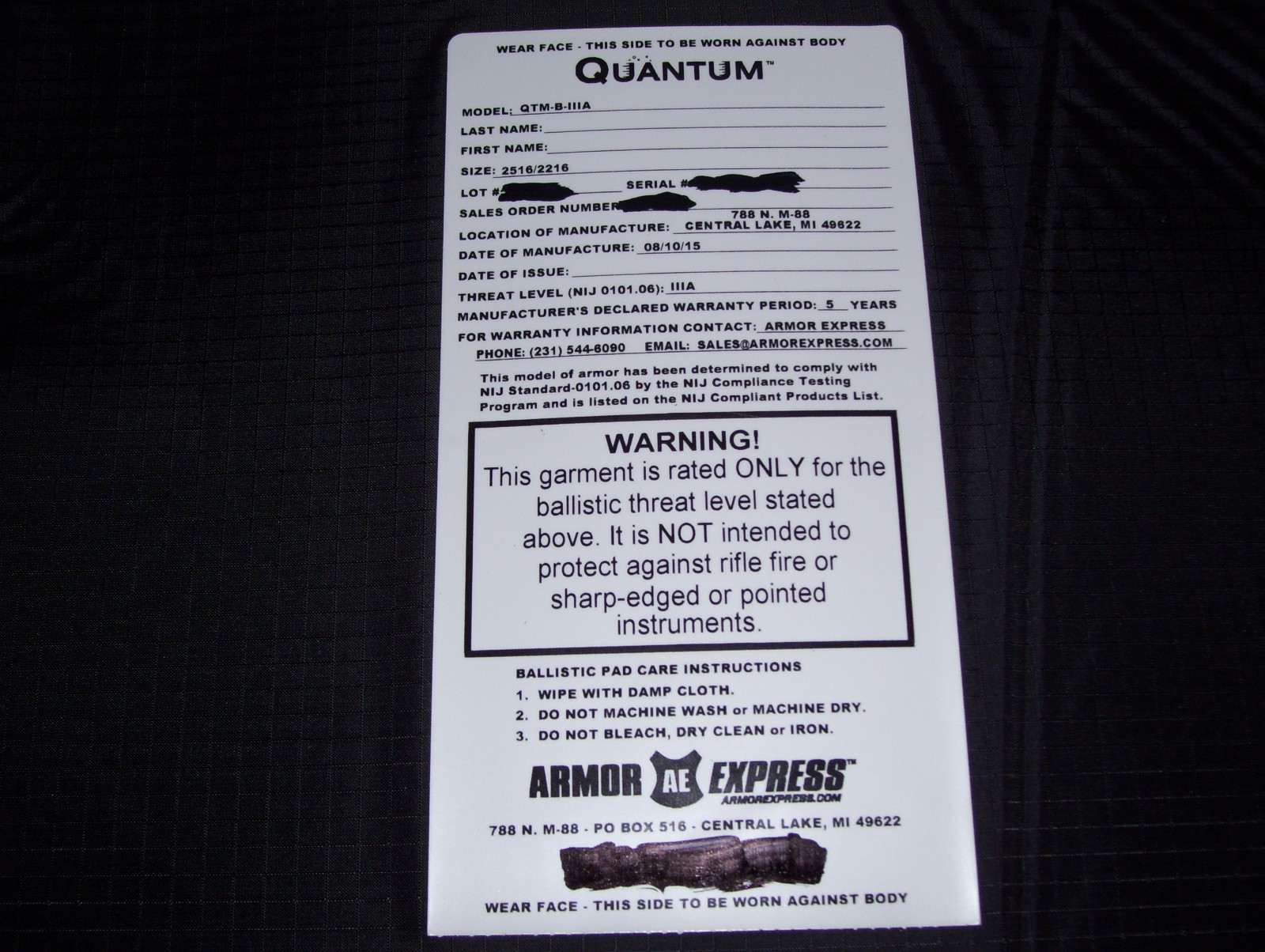 Armor Express Armor Bullet Proof Vest Level IIIA-2XLarge VG 2015+FREE-5X8 #O-96