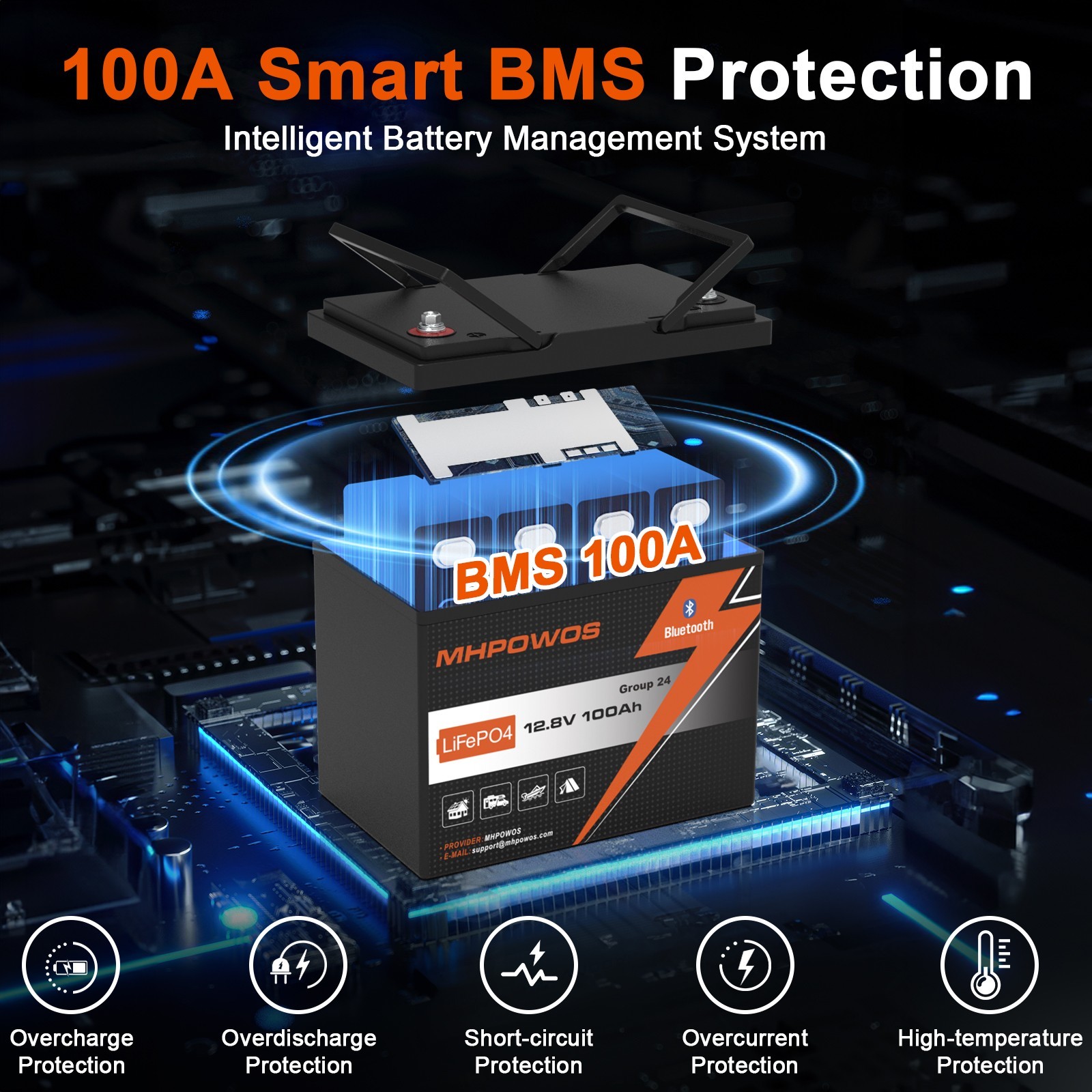 MHPOWOS 12V 100Ah LiFePO4 Lithium Battery Bluetooth 100A BMS Low Temp Protection
