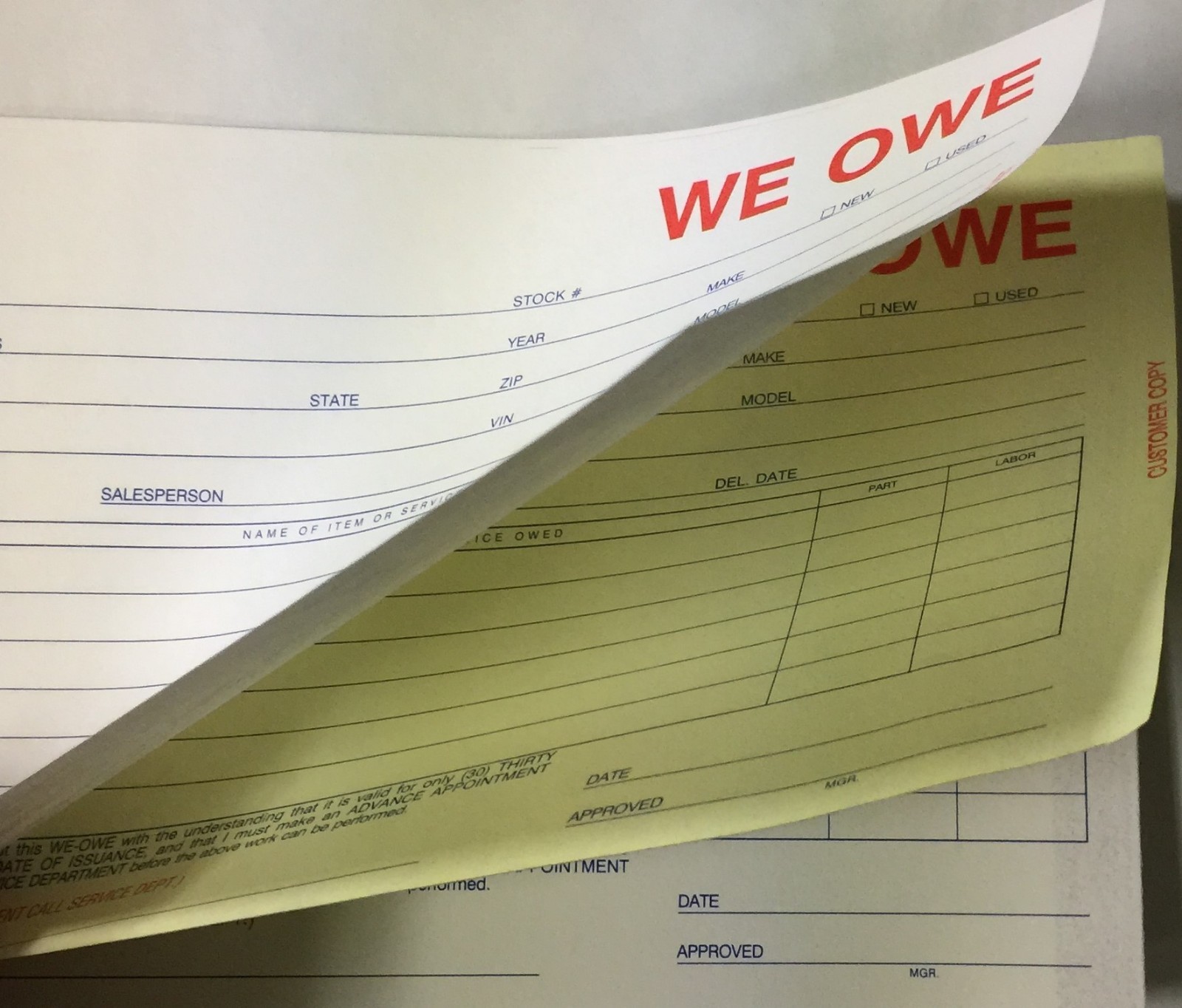 We Owe Forms • Qty 500 • NCR • SA-1506-3 (R76M)