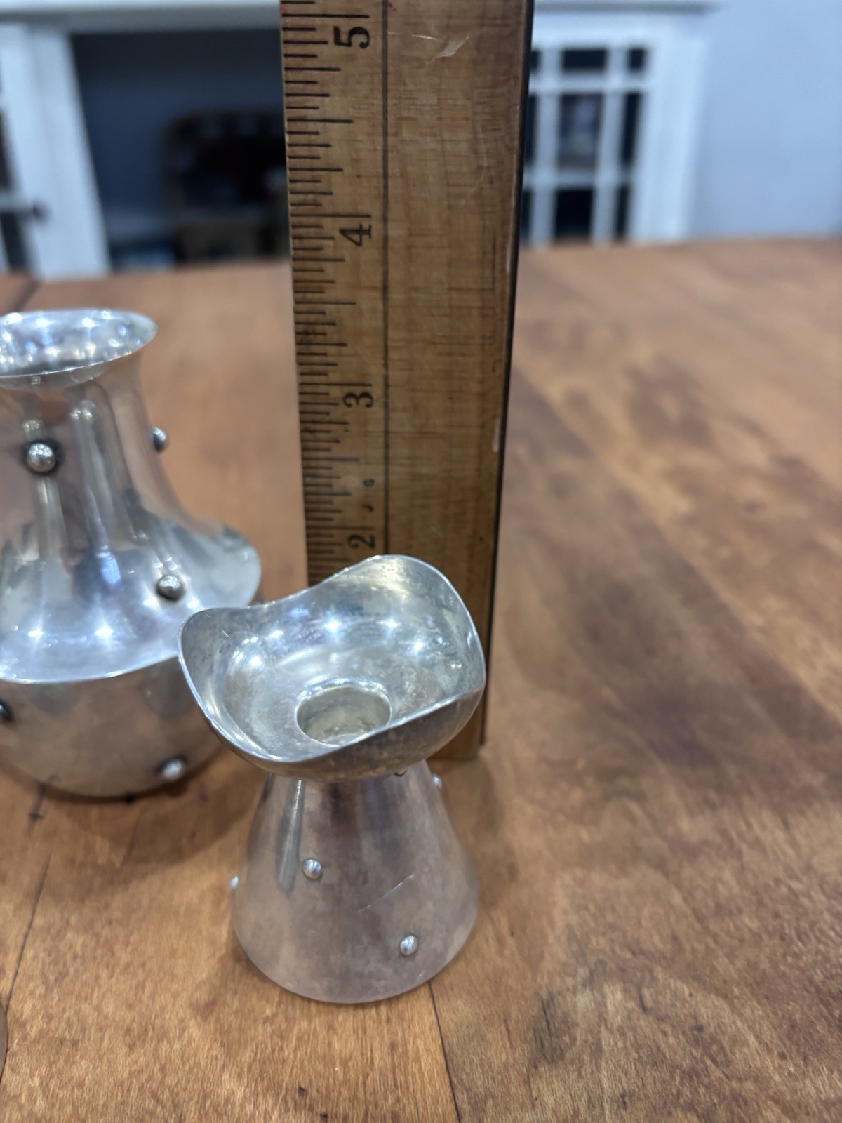 Antique Pair Of Silver Candle Sticks And Bud Vase Marked