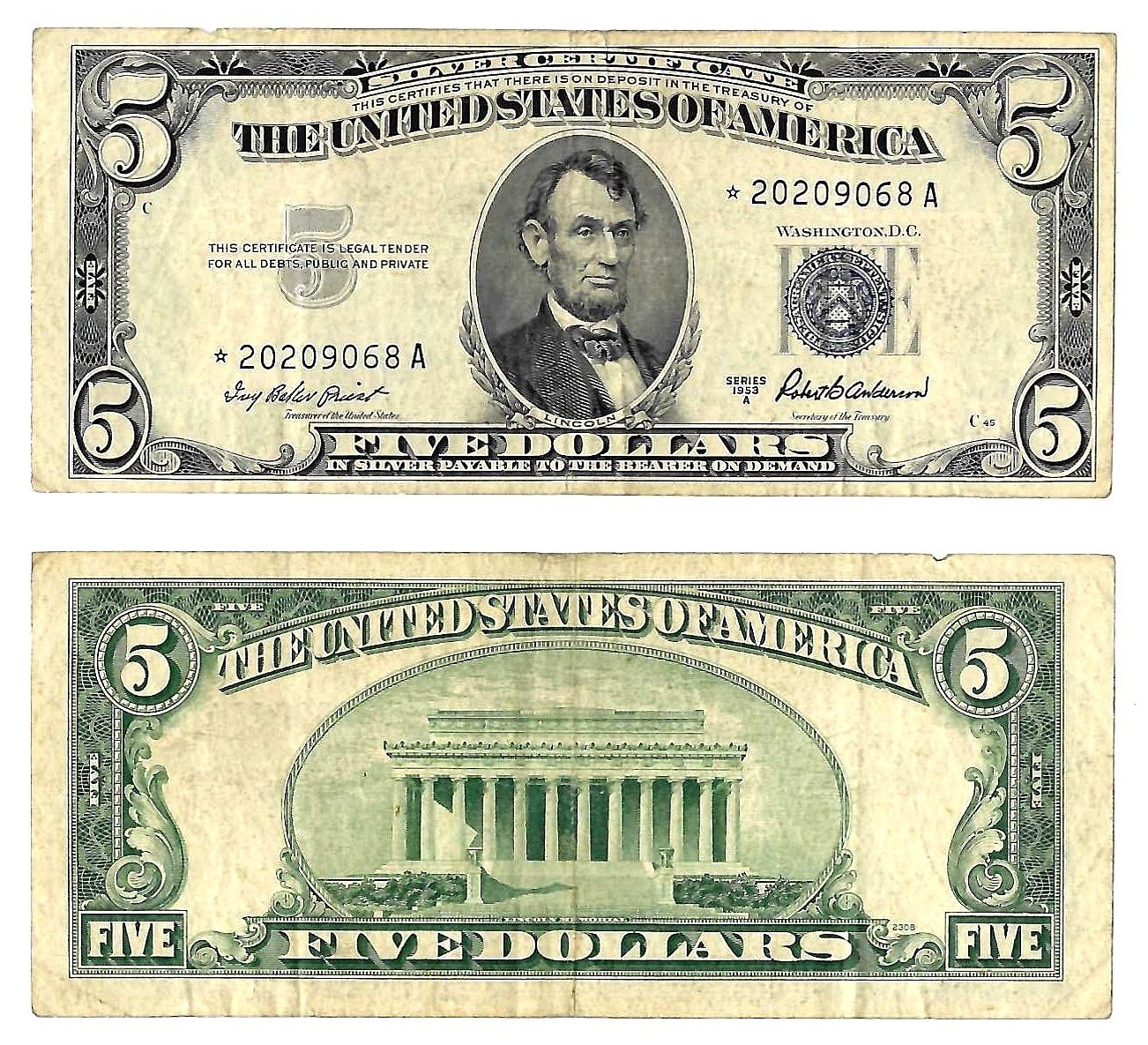 1953-A $5 Silver Certificate Star Note Fr. 1656* Circ. #9068