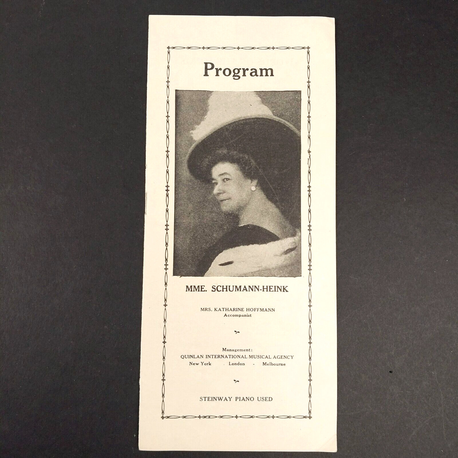 Original 1909 Steinway Piano Promotional Program Featuring MME. Schumann-Henk