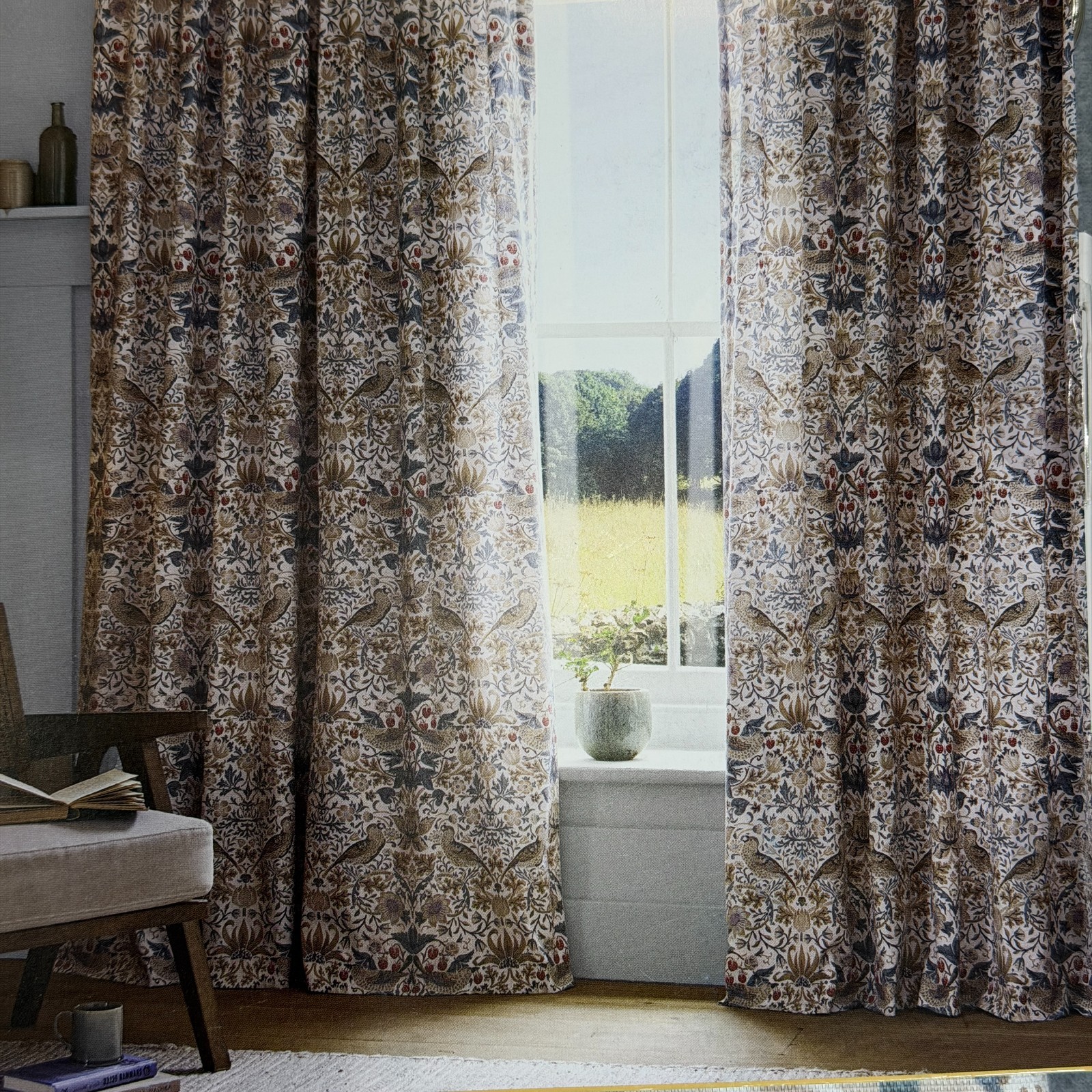 William Morris Strawberry Thief Hessian Blackout Curtain Panel Pair 50"x84” NEW