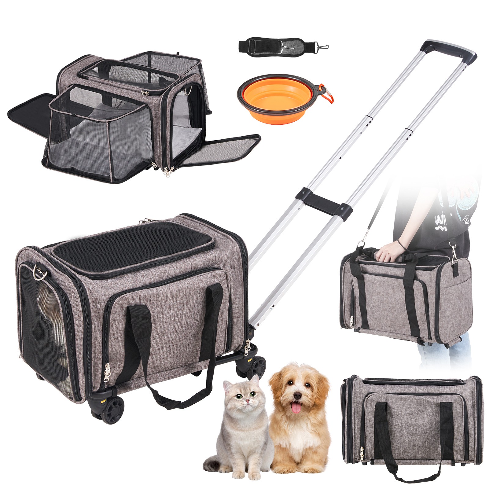 Cat Carrier with Wheels Airline Approved Rolling Pet Carrier 25 lbs Grey