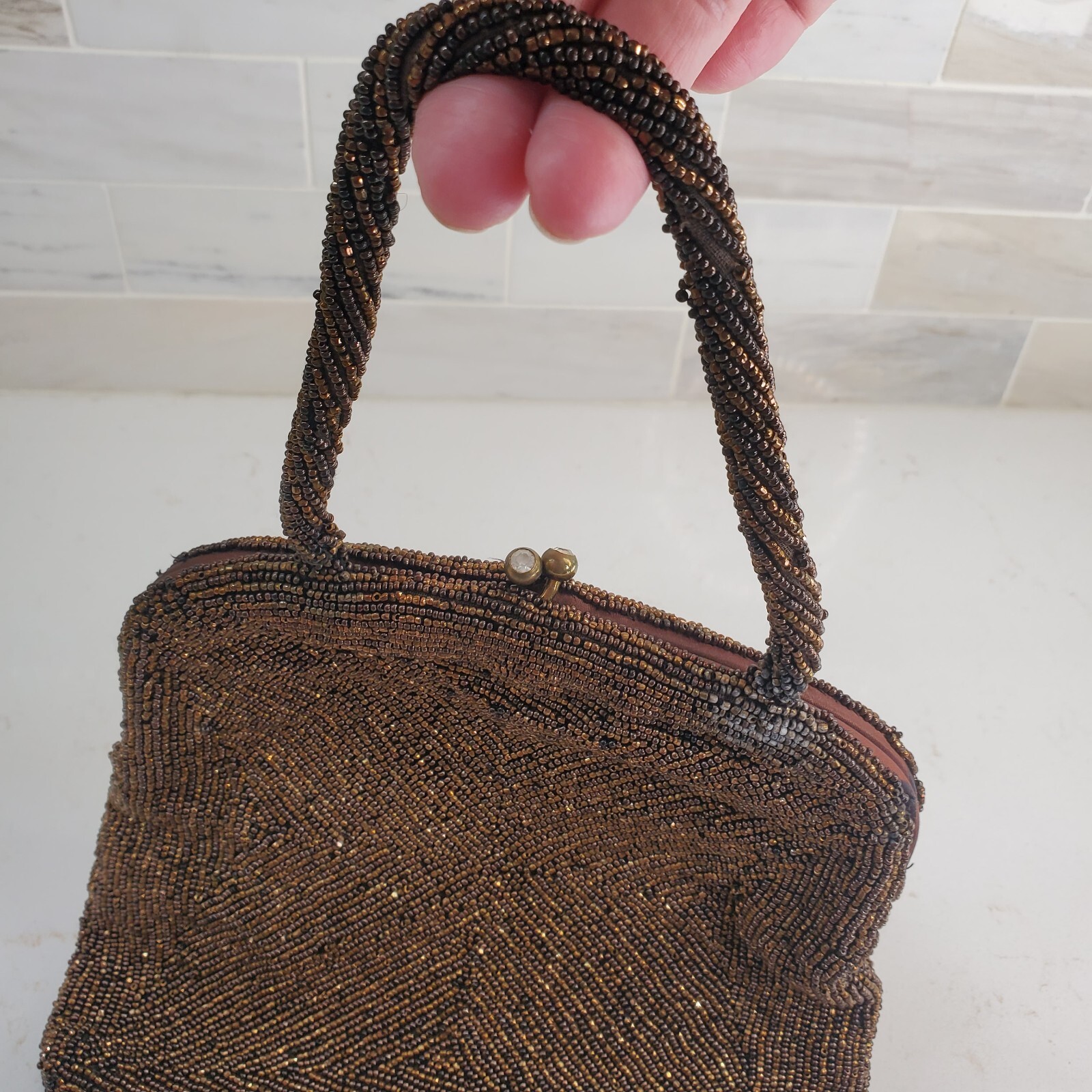 Joseph Horne Pittsburgh Belgium Brown Beaded Evening Bag Handle Twist Top Lock
