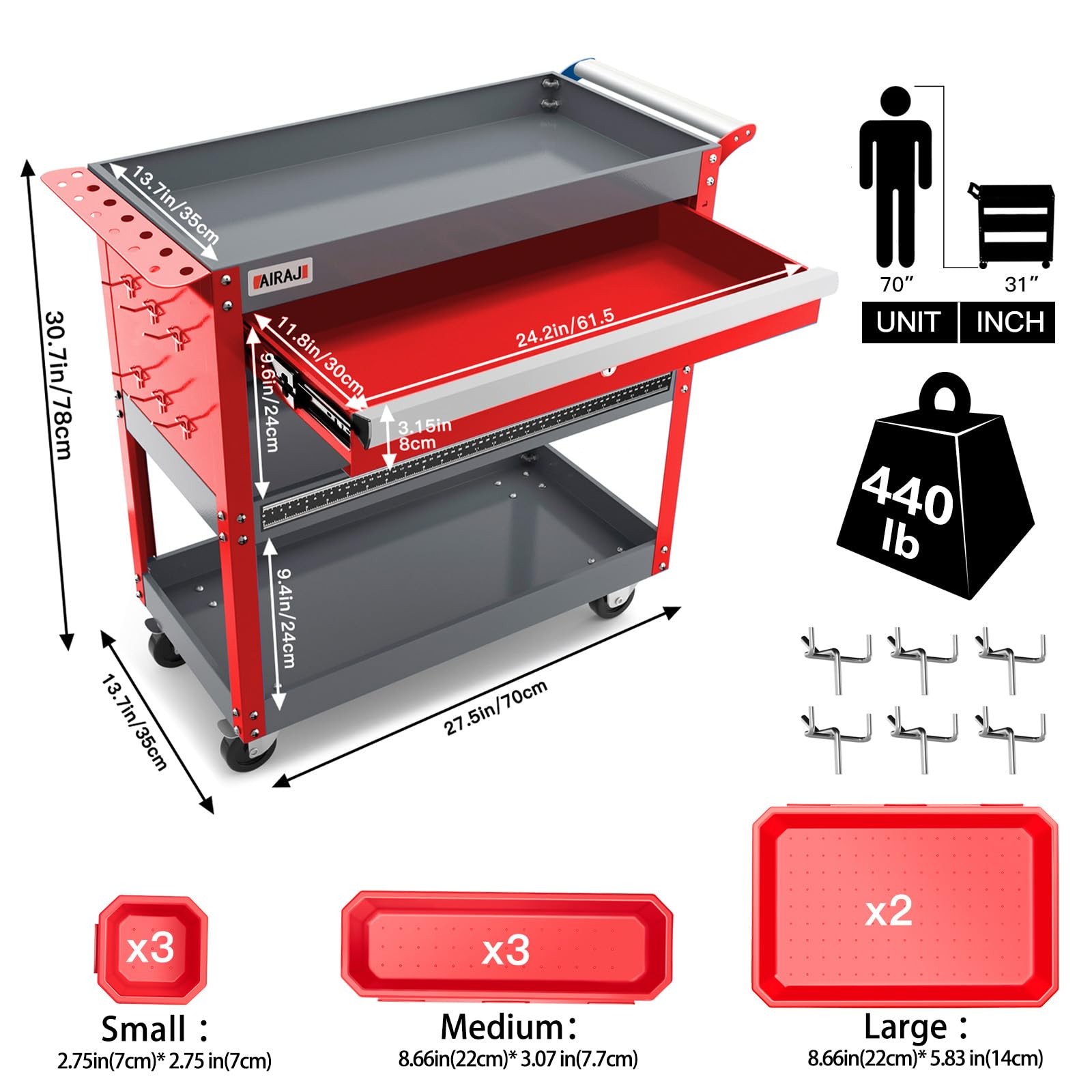 Rolling Cart with Wheels,3 Tier Mechanic Tool Cart with Drawers,440LBS Heavy