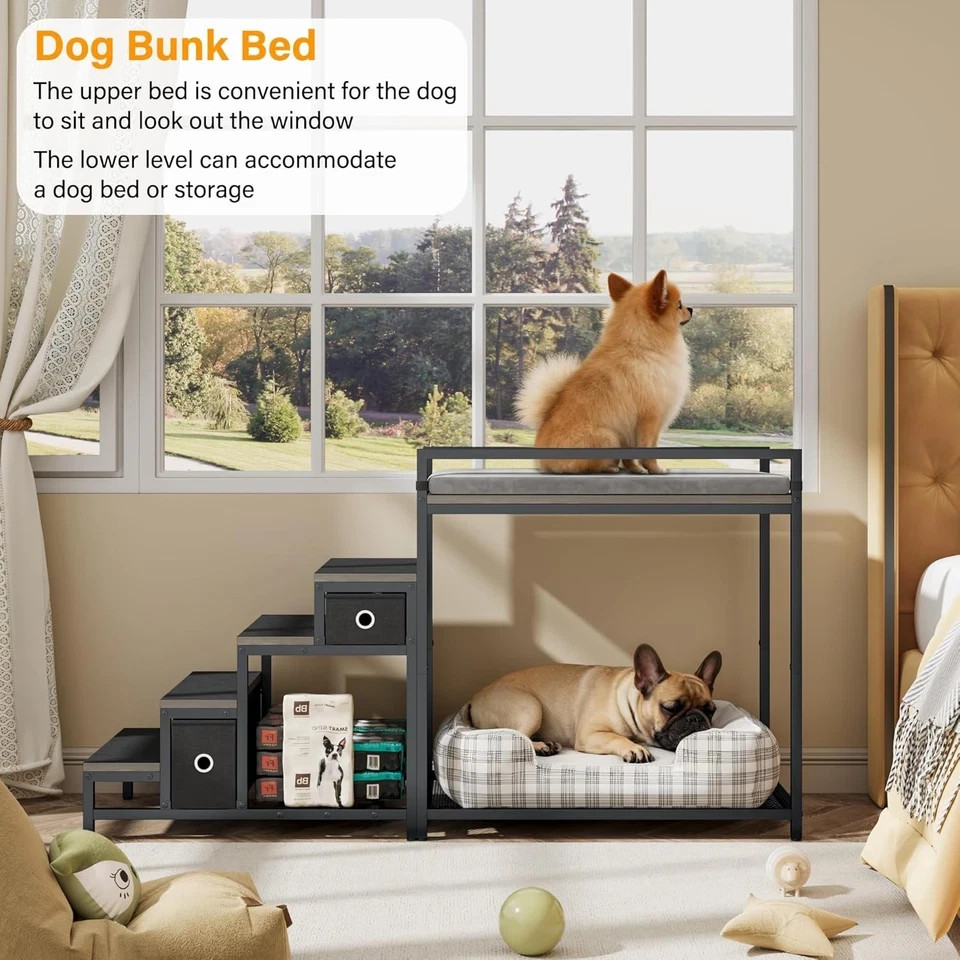 Dog Bunk Bed with Stairs & Storage Pet Bed Attaches to Human Bed Bedside