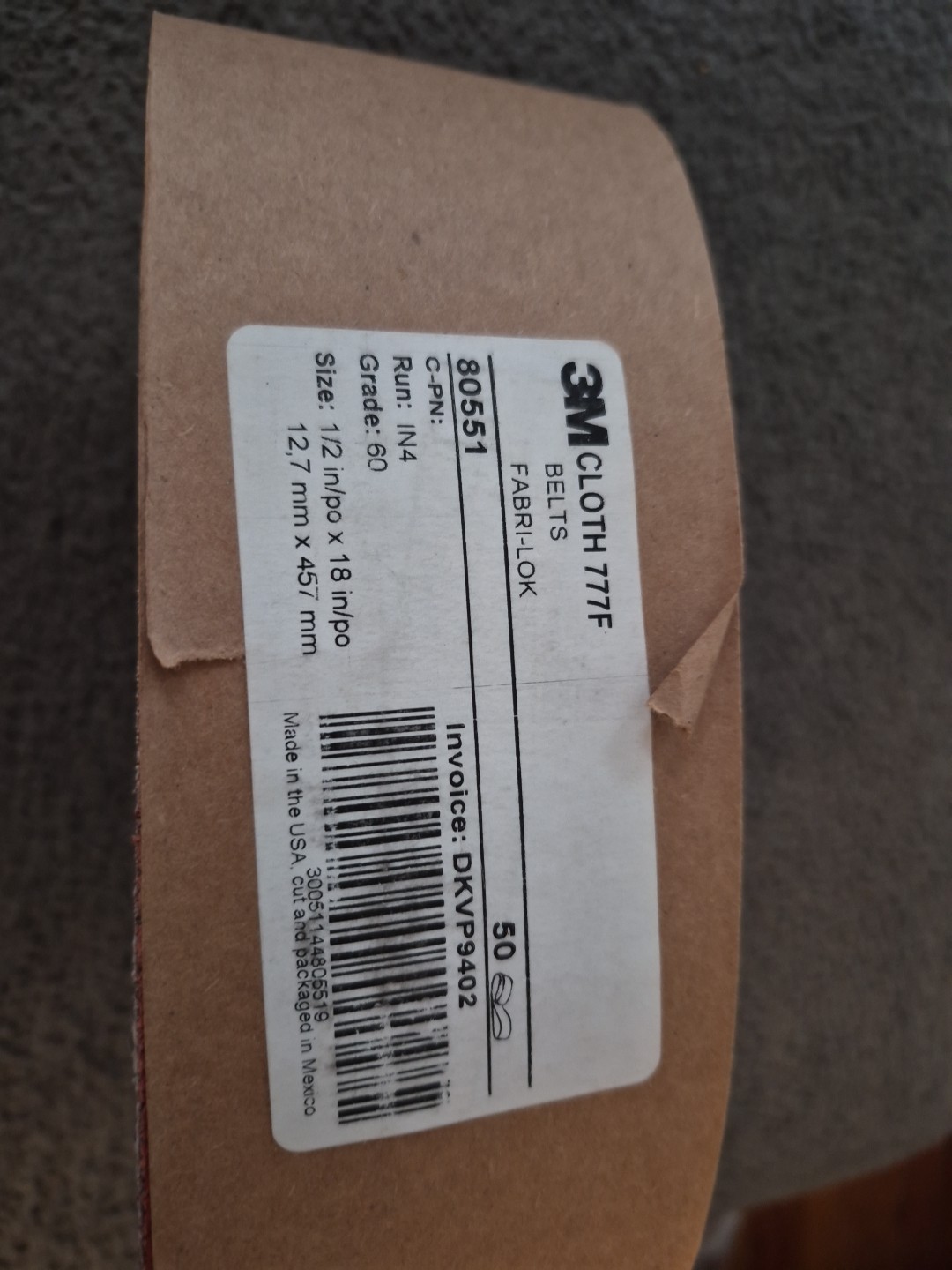 3M(TM) Cloth Belt 777F, 1/2 in x 18 in 60 YF-weight, 50 per inner