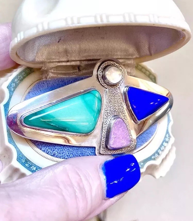 LOVELY Designer Signed Sterling Silver Lapis, Pink Druzy, Moonstone Angel Brooch