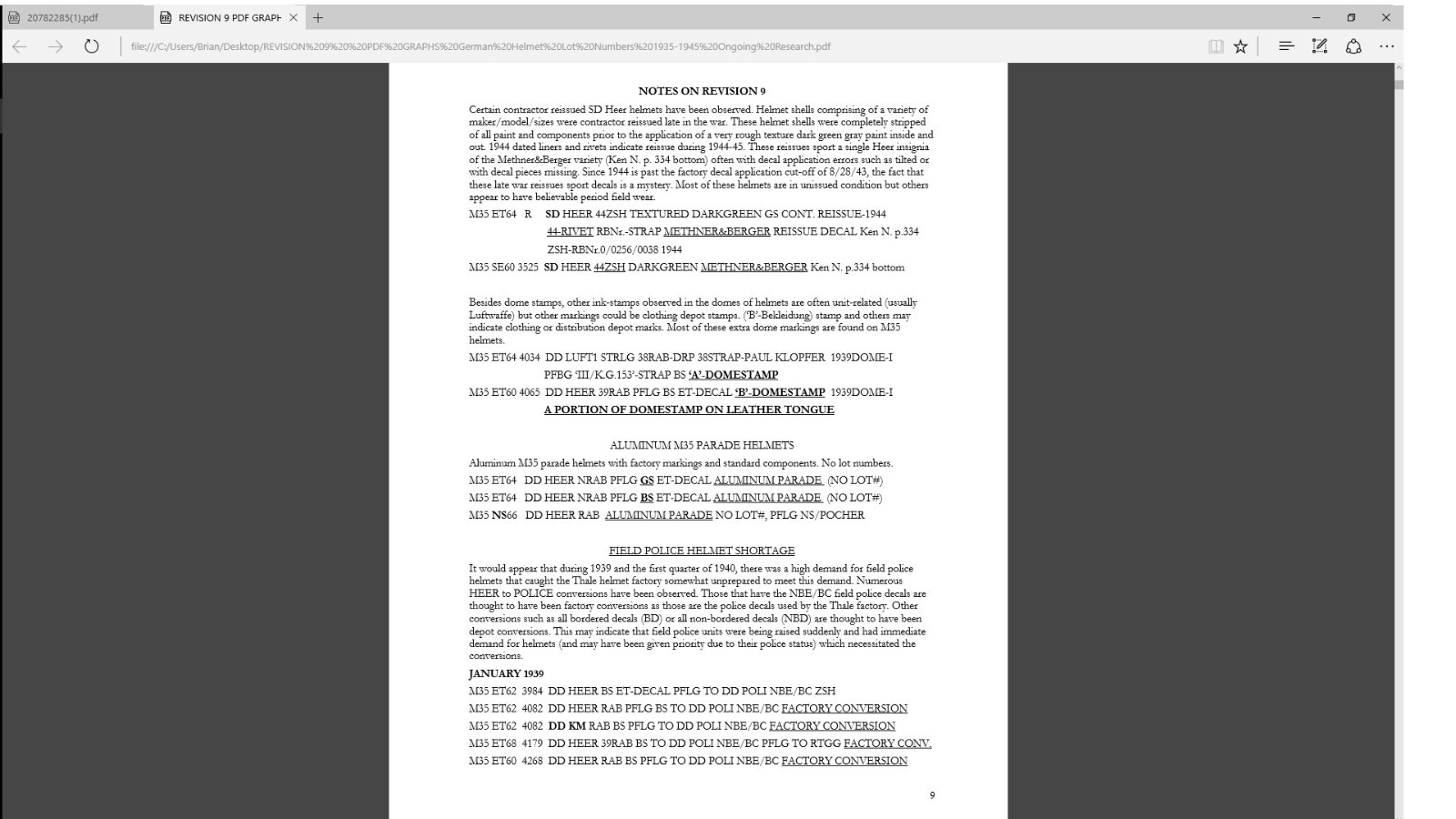 GERMAN HELMET LOT NUMBERS 1935-1945 REVISION - 11 HARD BACK BOOK