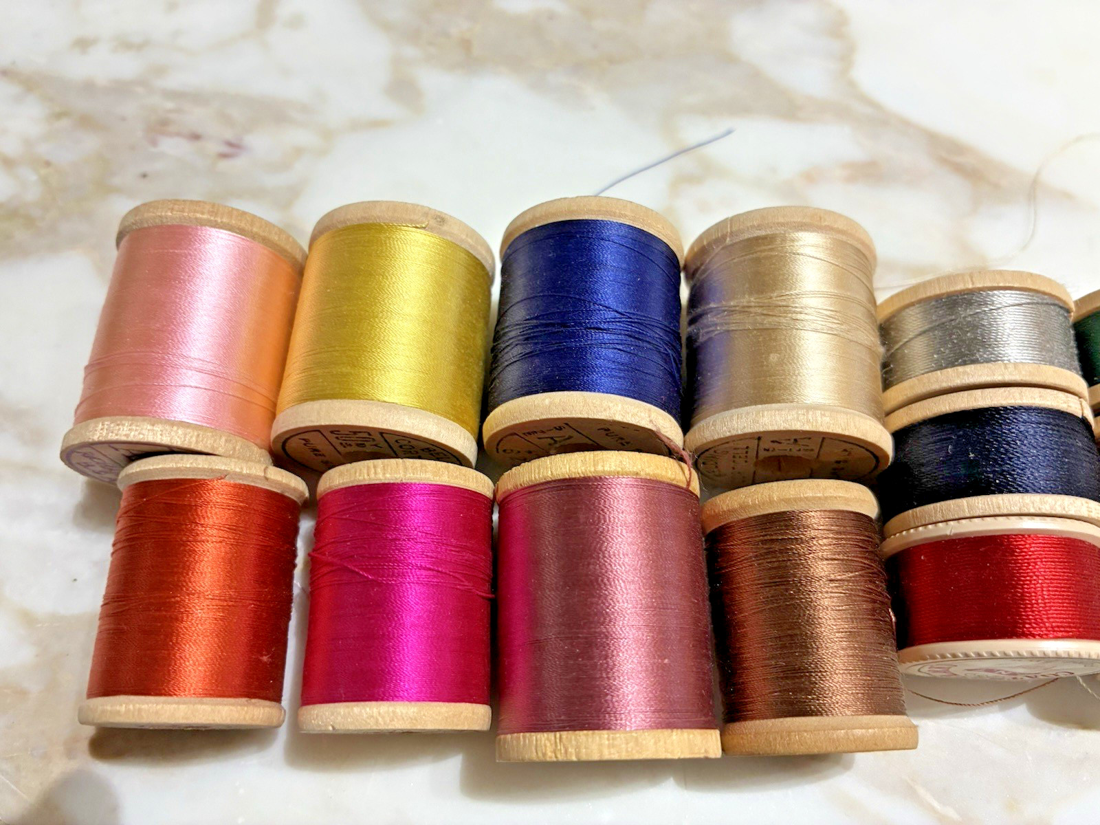 14 vintage silk thread most on wooden spools