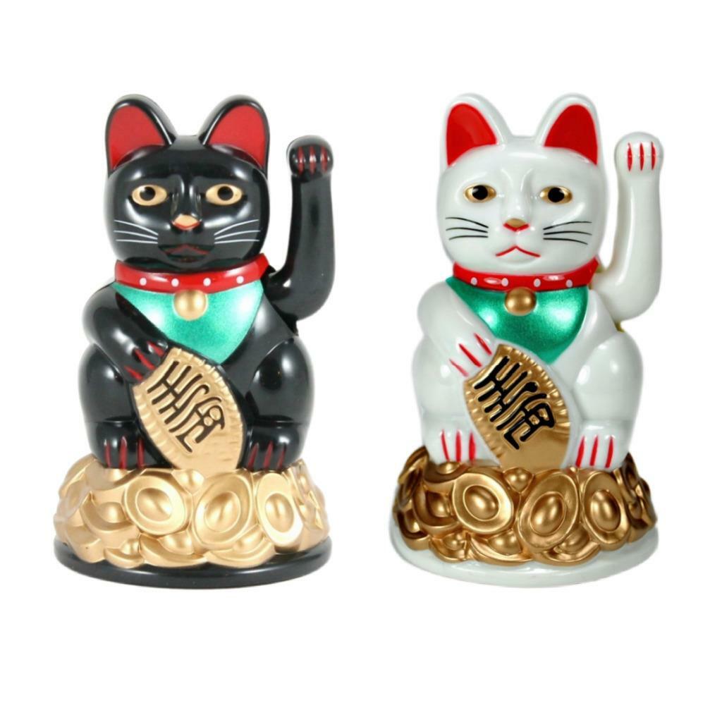 LUCKY BECKONING FORTUNE CAT 4" White or Black Maneki Neko Waving Wealth Kitty