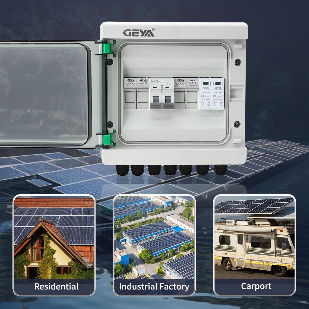 GEYA Solar PV Combiner Box Plastic 15A 2string 500DC Circuit Breaker Solar Panel