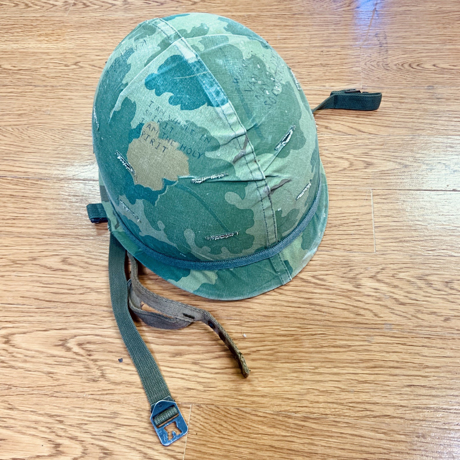 Vietnam War Era U.S. M1 Combat Helmet w/ Reversible Mitchell Camo Cover & Liner