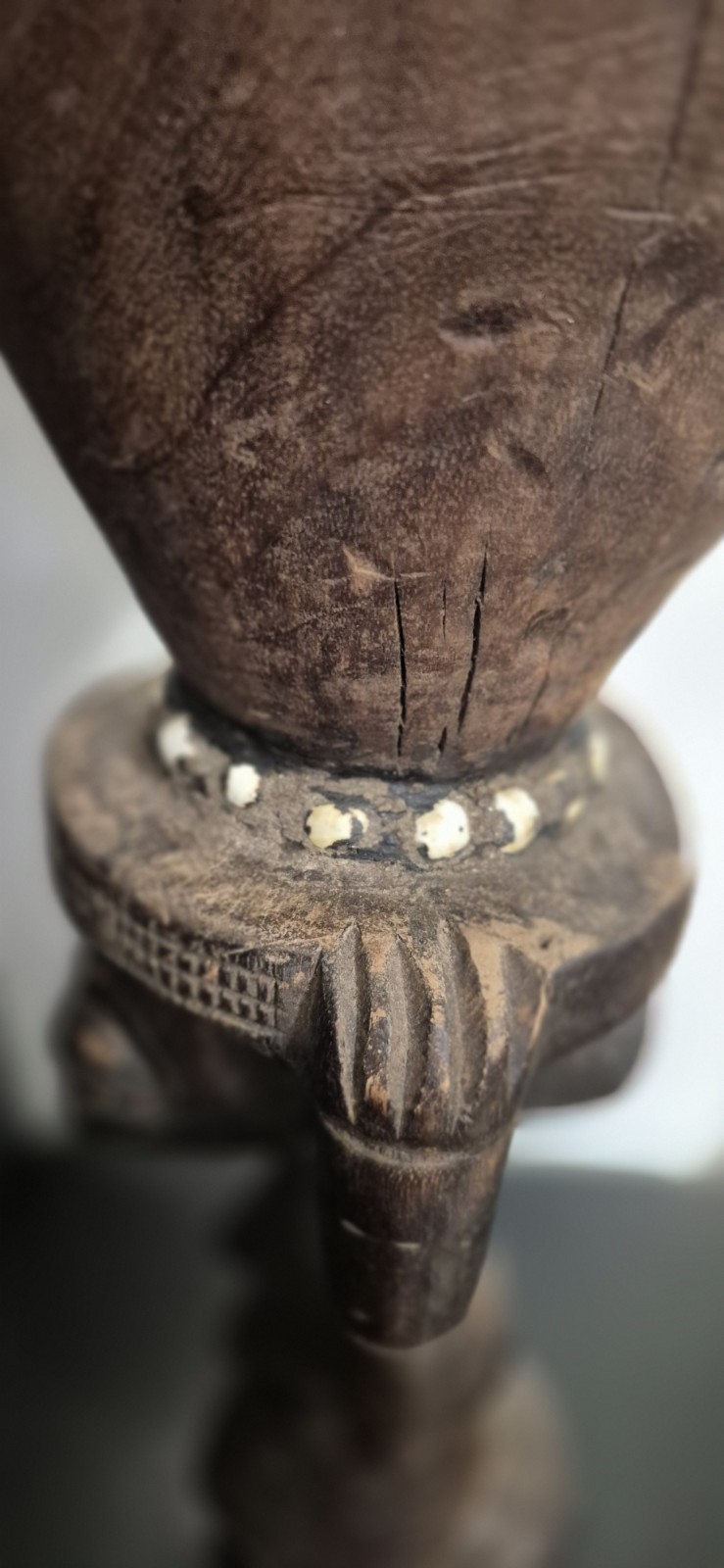 African Luba Female Wood Statue With Drum 21"H 7.5"W