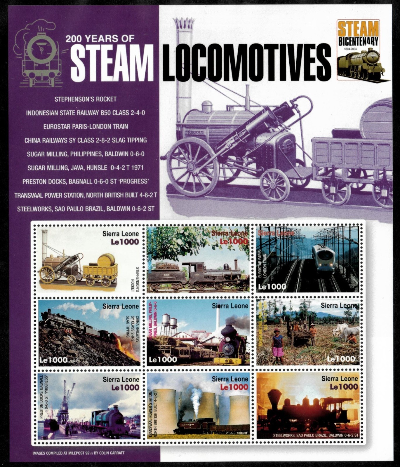 Sierra Leone 2005 - Steam Trains - Sheet of 9 Stamps - Scott #2779 - MNH