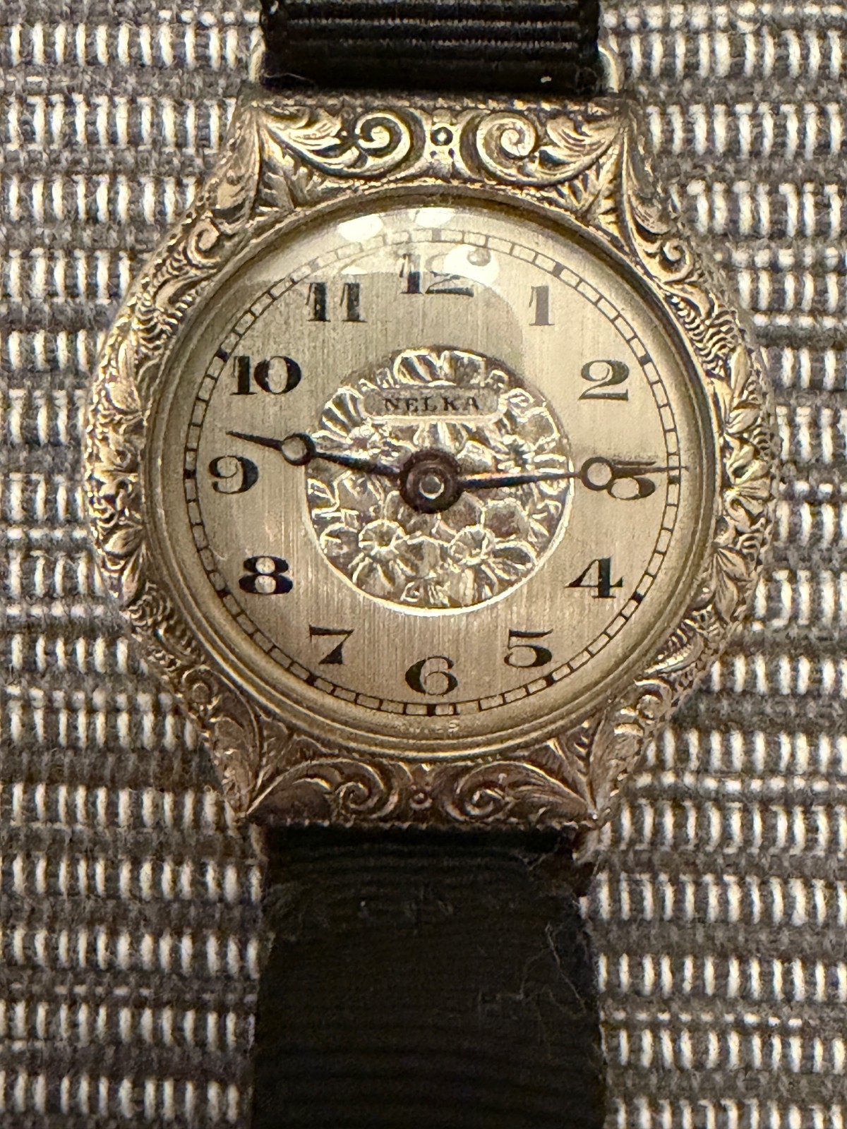 Original Art Deco Nelka Watch 1920's - Engraved Floral Pattern Face -White Gold