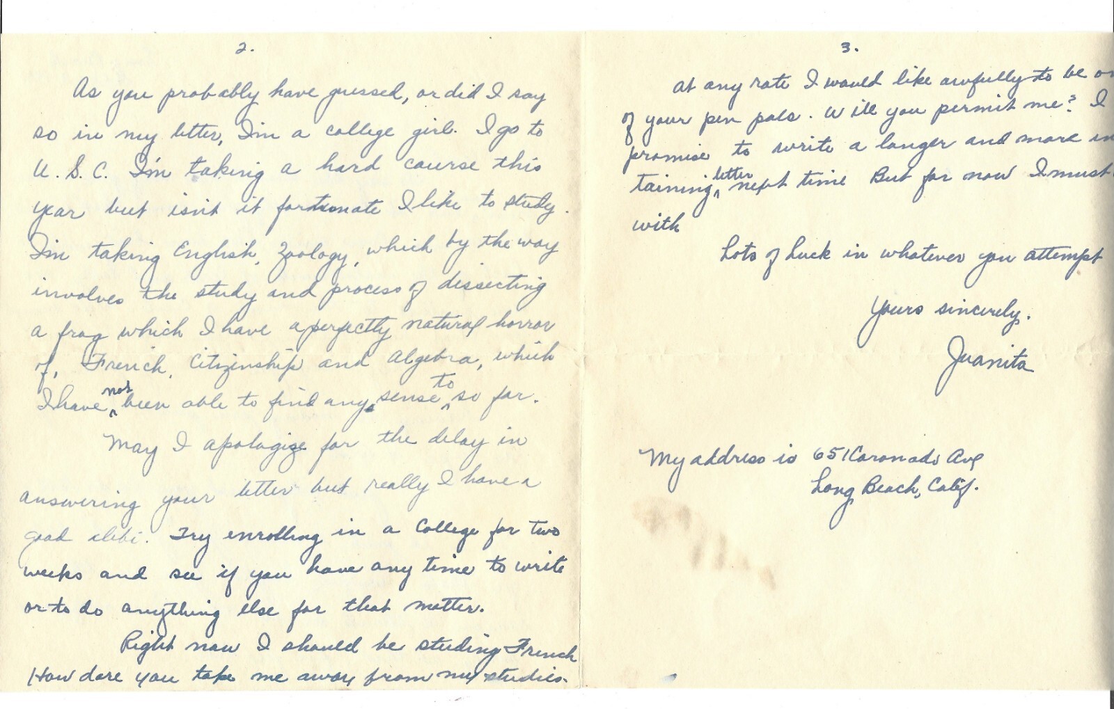 2 Vintage 1931 Pen Pal Letters Correspondence from JUANITA ASTILL in Long Beach