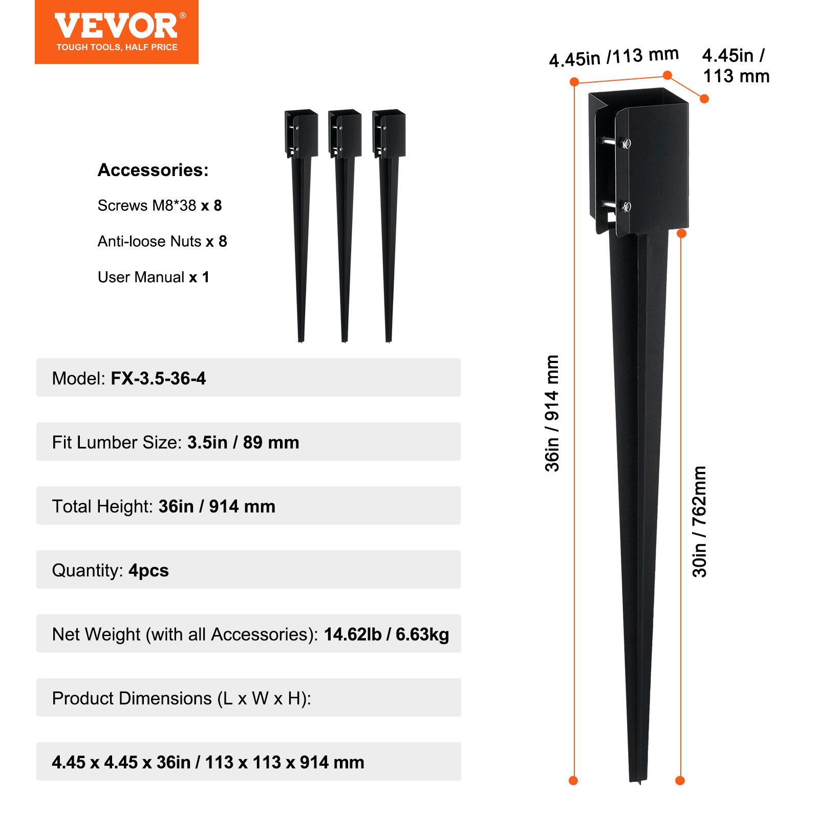 VEVOR Fence Post Anchor Ground Spike 4 Pack 36 x 4 x 4 In Metal Fence Stakes