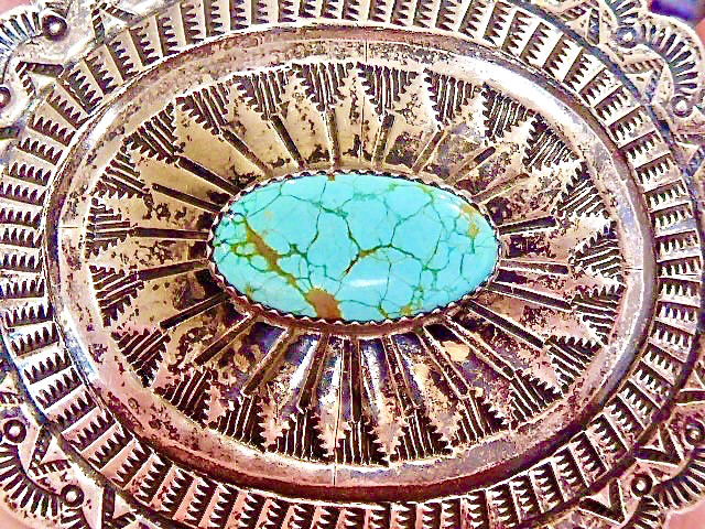 EARLY HAND STAMPED SIGNED NAVAJO STERLING SILVER SPIDER WEB TURQUOISE CONCHO