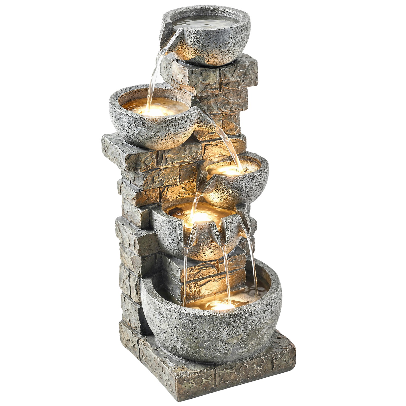 Outsunny 5 Tiers Outdoor Water Fountain with LED Lights, Gray