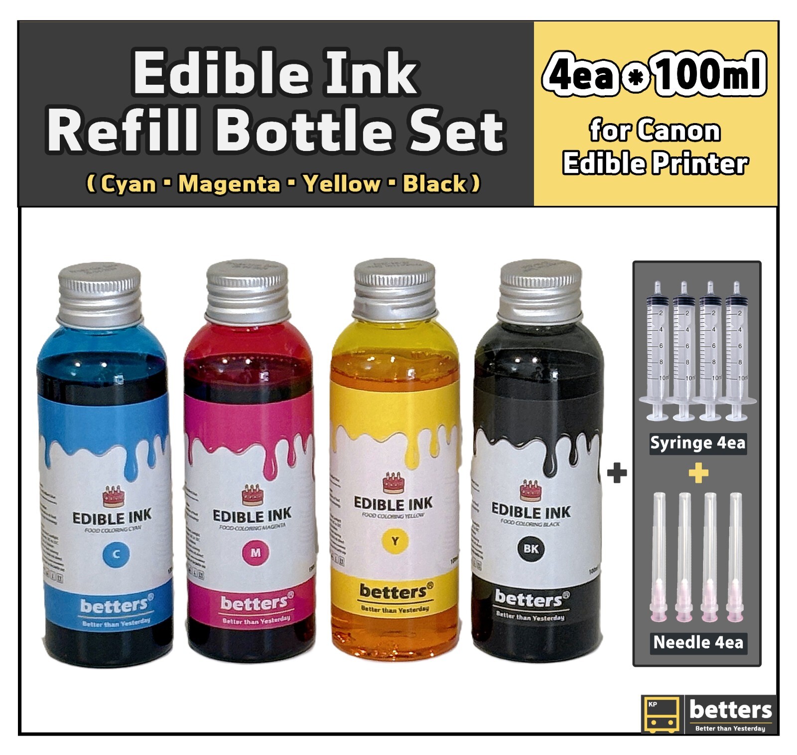 Betters® Edible Ink Refill sets for Canon Edible Printer: 4 Bottles w/ tools
