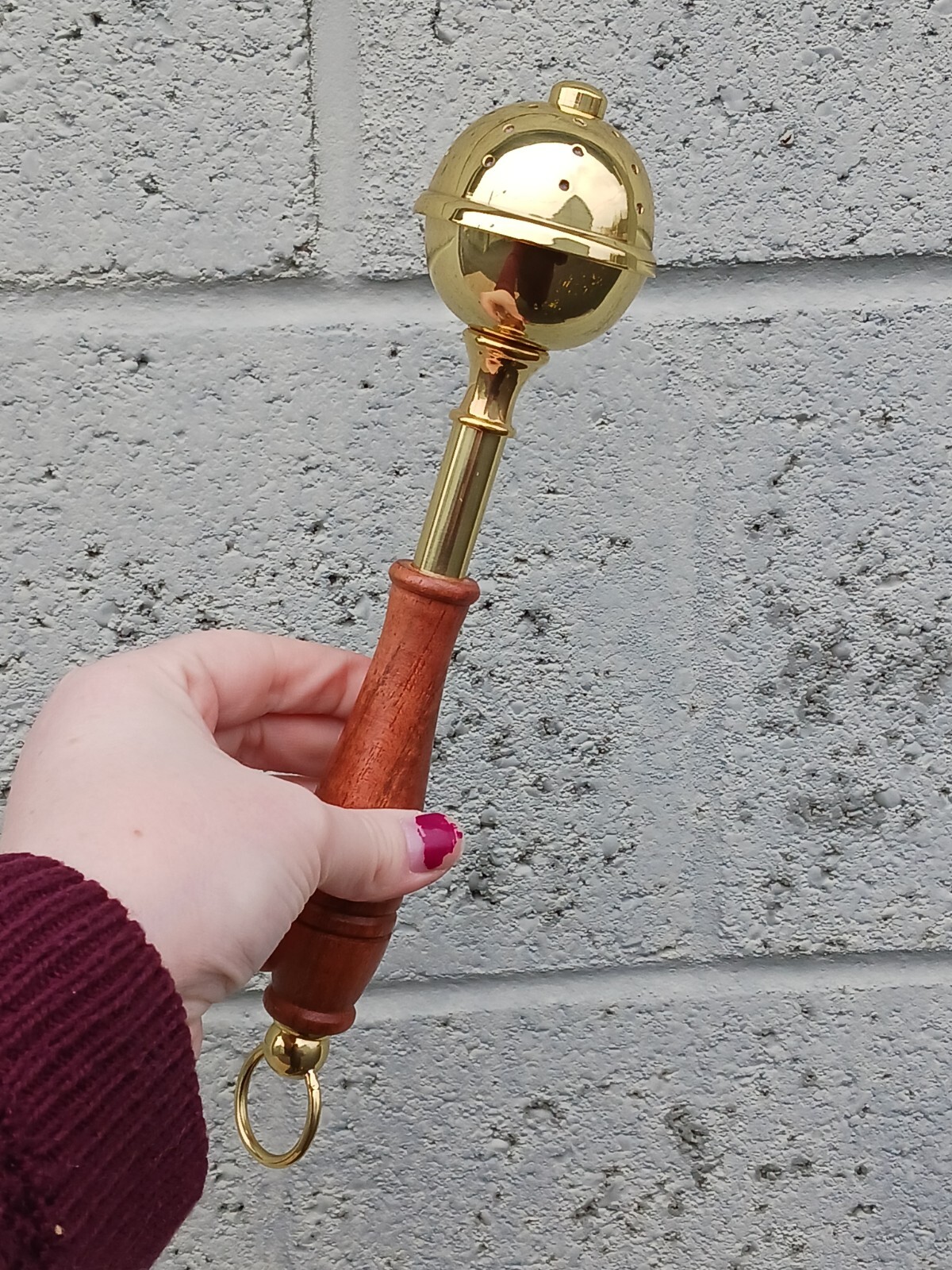 High Polished Brass Wood Handle Holy Water Sprinkler for Catholic Church 10 Inch