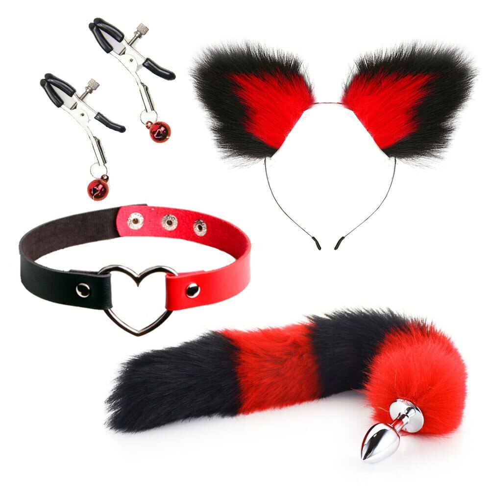 4pc Set Foxtail Buttplug Wolftail Furry Cat Ear Collar Anal Plug Cosplay Sex Toy
