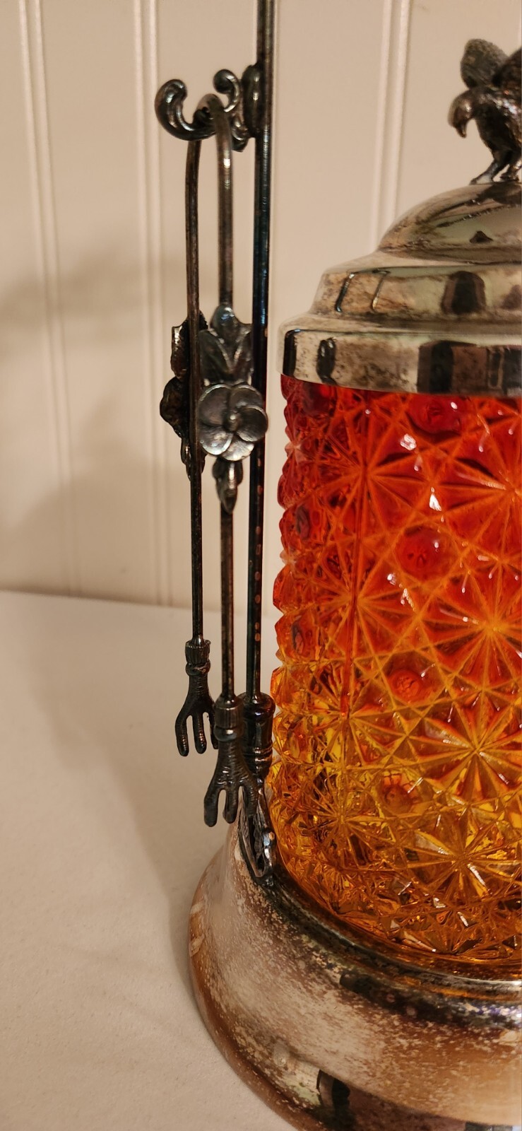 Antique Victorian Amberina Glass Daisy Button Pickle Castor Ornate Eagle Finial