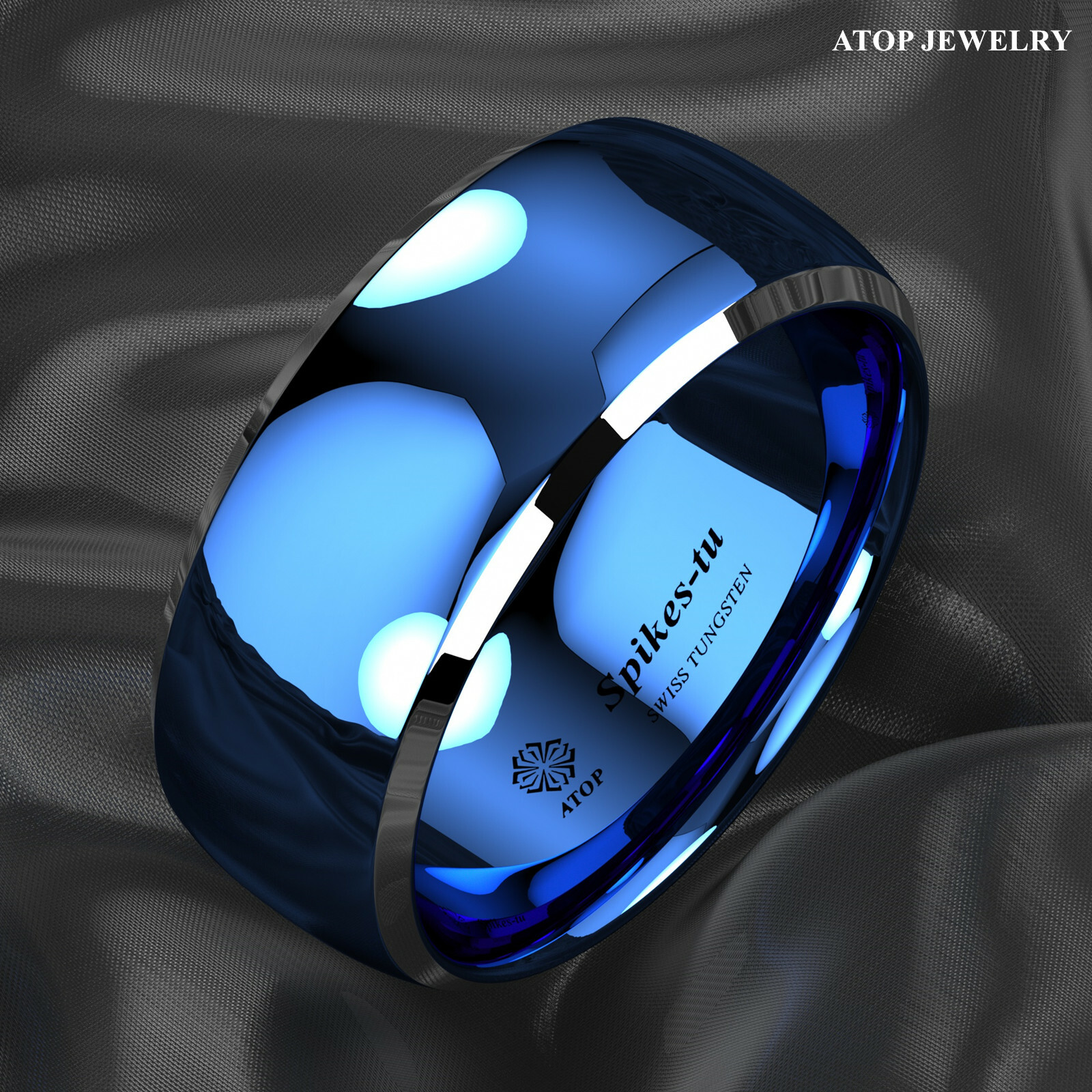 8mm ATOP Dome Blue Silver Edges Tungsten Ring for Men Comfort Fit Wedding Ring