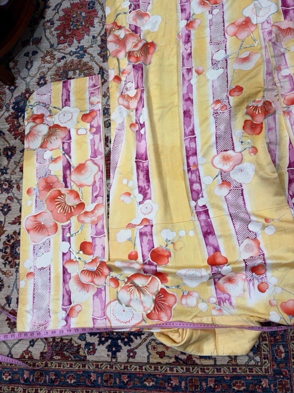 Vintage Mitsukoshi Silk Kimono Yellow Floral Gold Handpainted Long Robe Japan