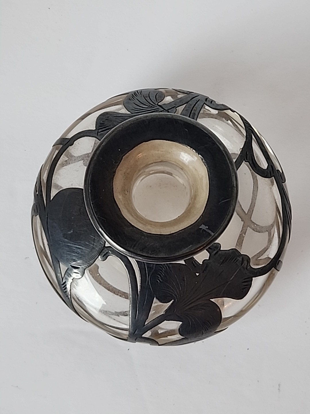 Antique Sterling Silver Overlay Art Nouveau Perfume Bottle Iris Flower READ