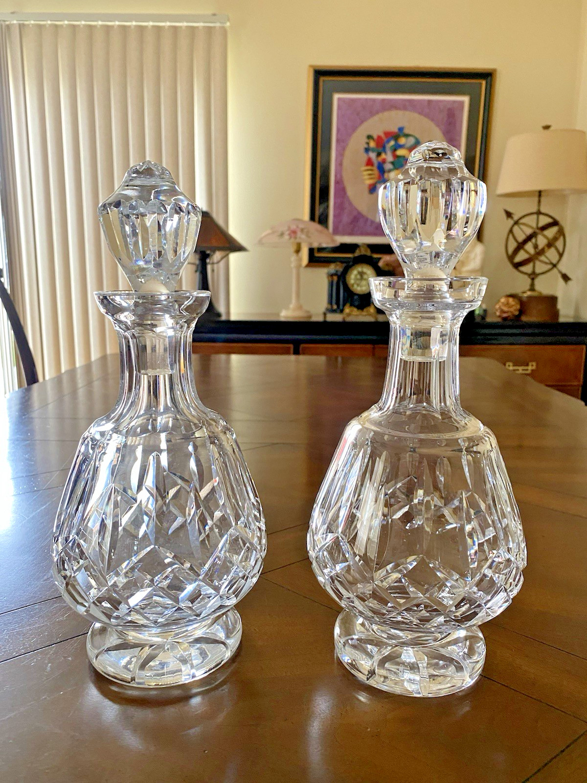 Set Of 2 Waterford Lismore 12" Crystal Liquor Brandy Decanters W/Stoppers Signed