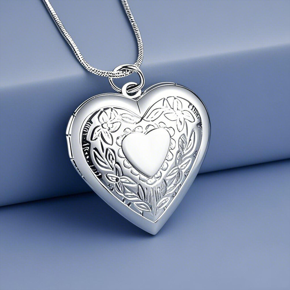 925 Sterling Silver Plated Heart Necklace, Locket Photo Picture Pendant 18" N1