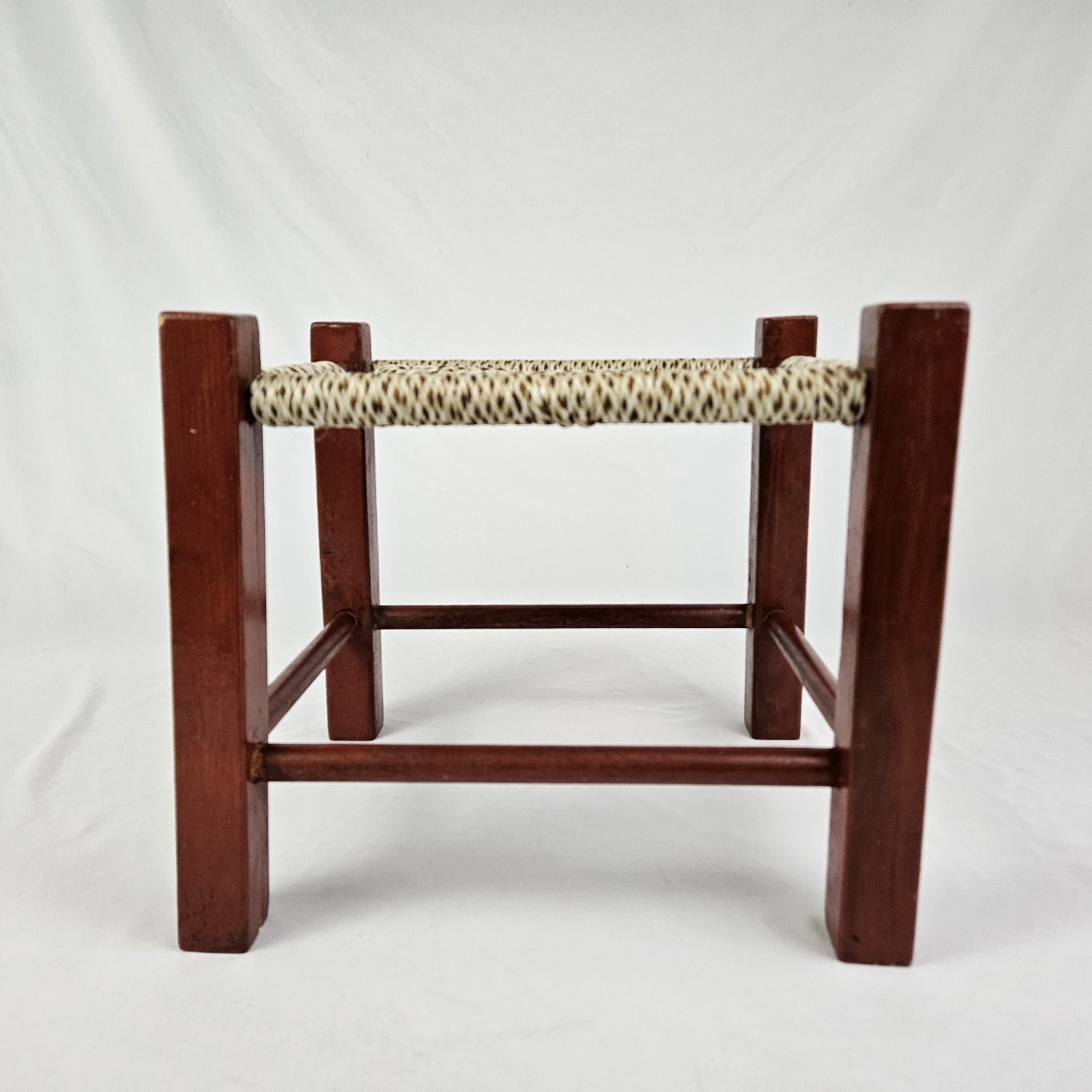 Vintage MCM Mission Footstool Stool Weaved Rope Macrame Top Arts & Crafts