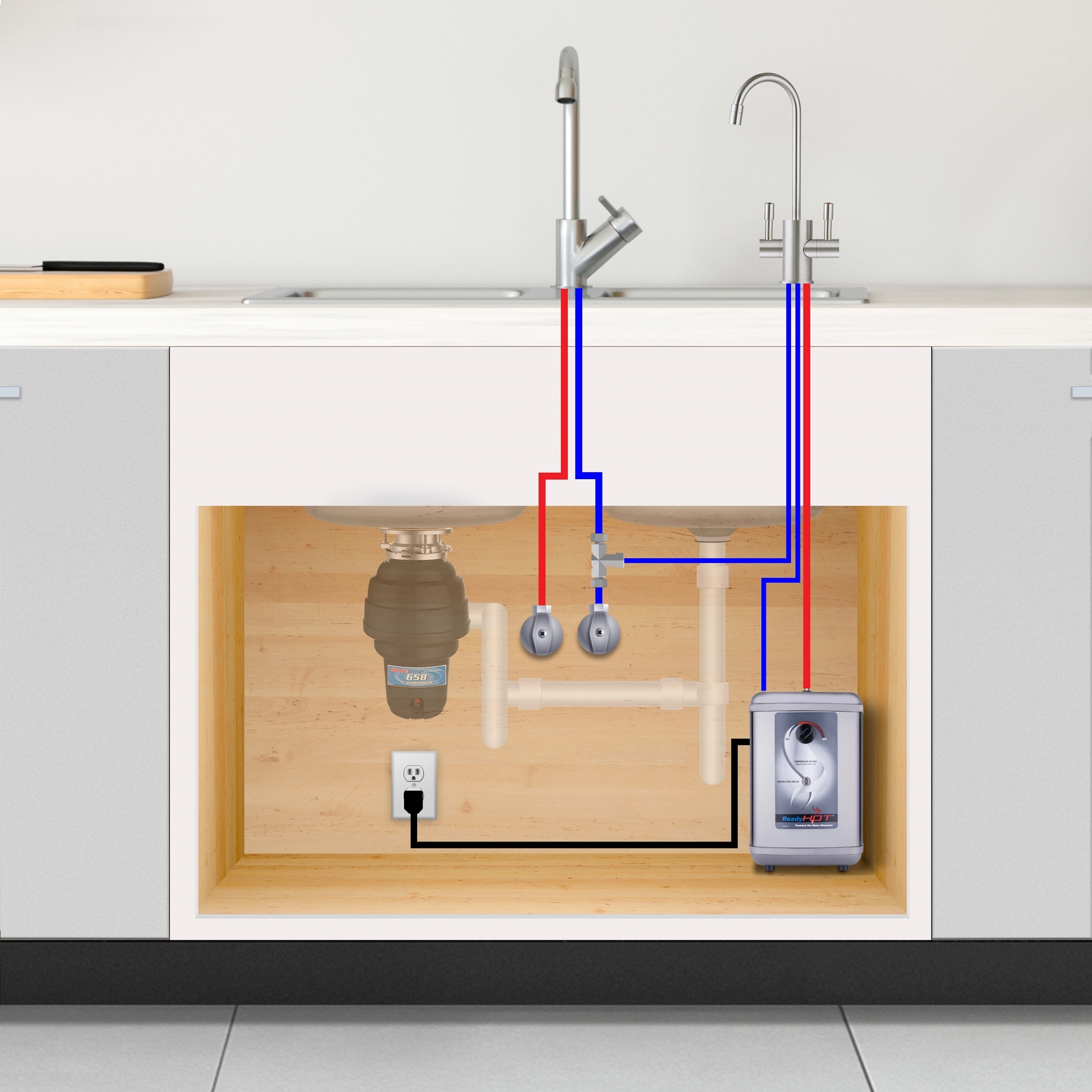 Ready Hot 1300W Instant Hot Water Dispenser, Polished Chrome Dual Handle Faucet