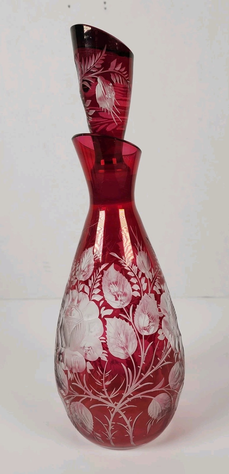 Bohemian Art Glass Ruby Red Liquor Decanter Etched Floral Design Vintage