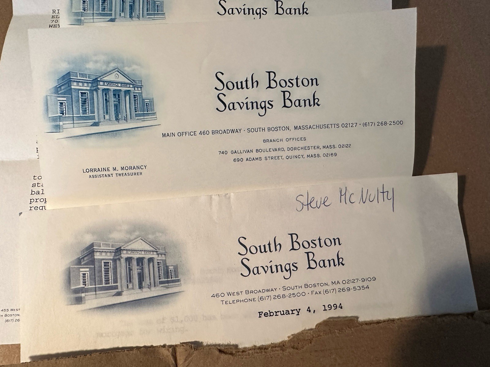 4 Vintage South Boston Savings Bank MA. Blue Engraving Letterheads Letters